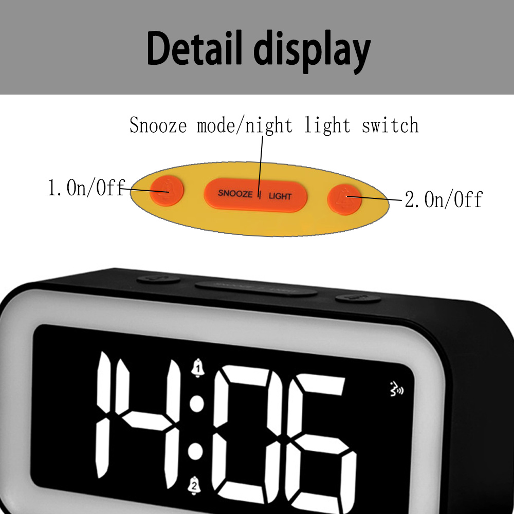 Eine Digitaluhr zeigt 14:06 an. Oben zeigt ein gelber Balken Schlummer- und Lichtsteuerungen. Orangefarbene Knöpfe sind mit Ein/Aus beschriftet.