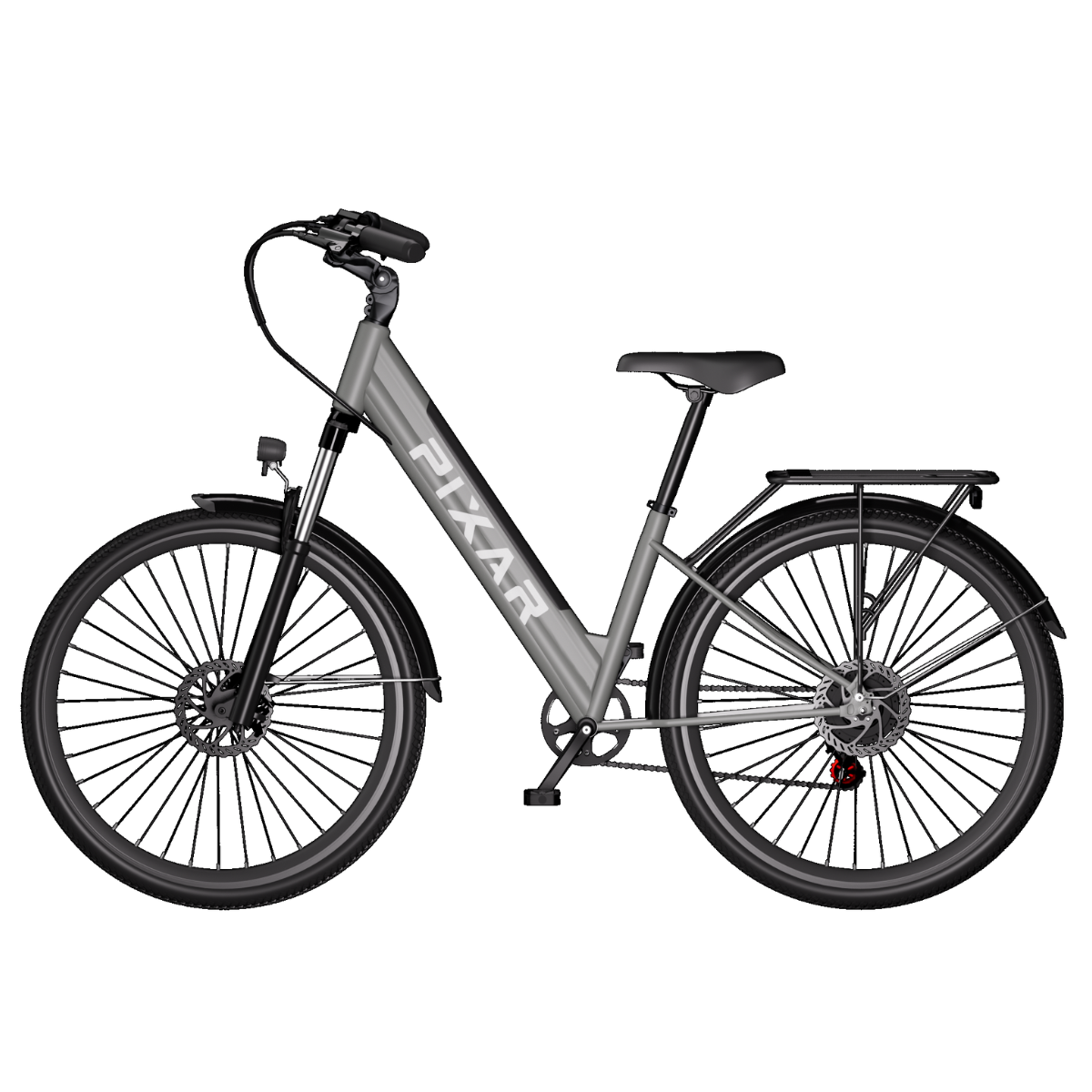 Szary rower elektryczny Pixar z czarnymi oponami, siodełkiem i kierownicą jest pokazany na białym tle. Rower ma tylny bagażnik.