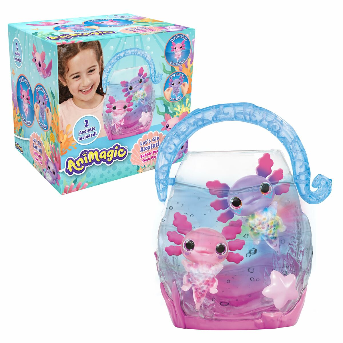 Un emballage de jouet avec un récipient transparent d'axolotls. La boîte montre une fille et le jouet. Le récipient contient de l'eau et des axolotls roses.
