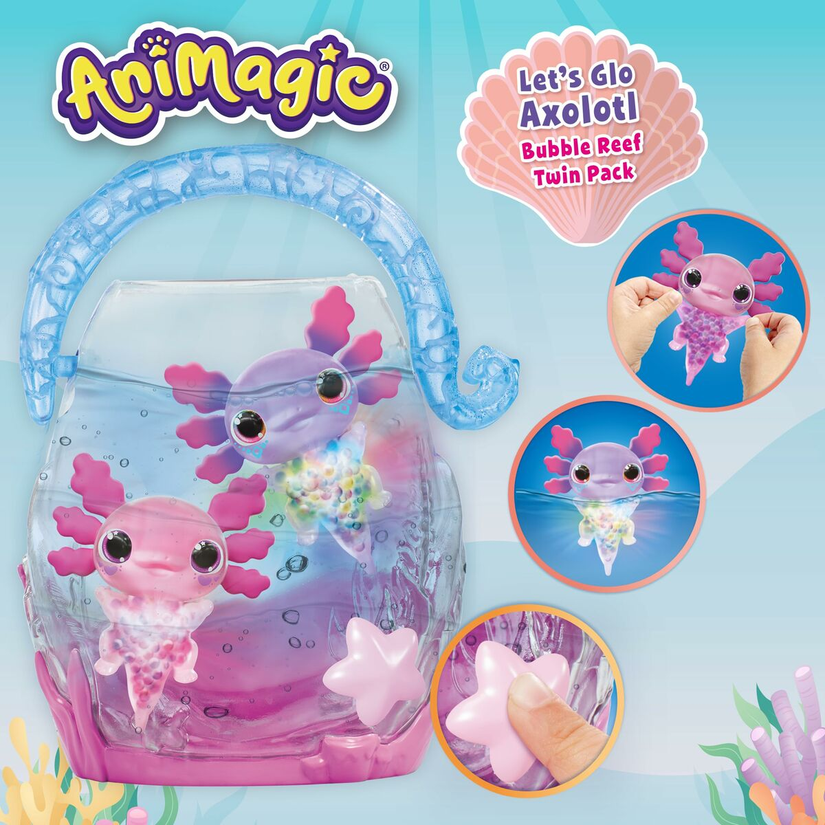 Ensemble de jouets Animagic avec deux figurines d'axolotl dans un aquarium en plastique. Comprend des gros plans et une coquille décorative.