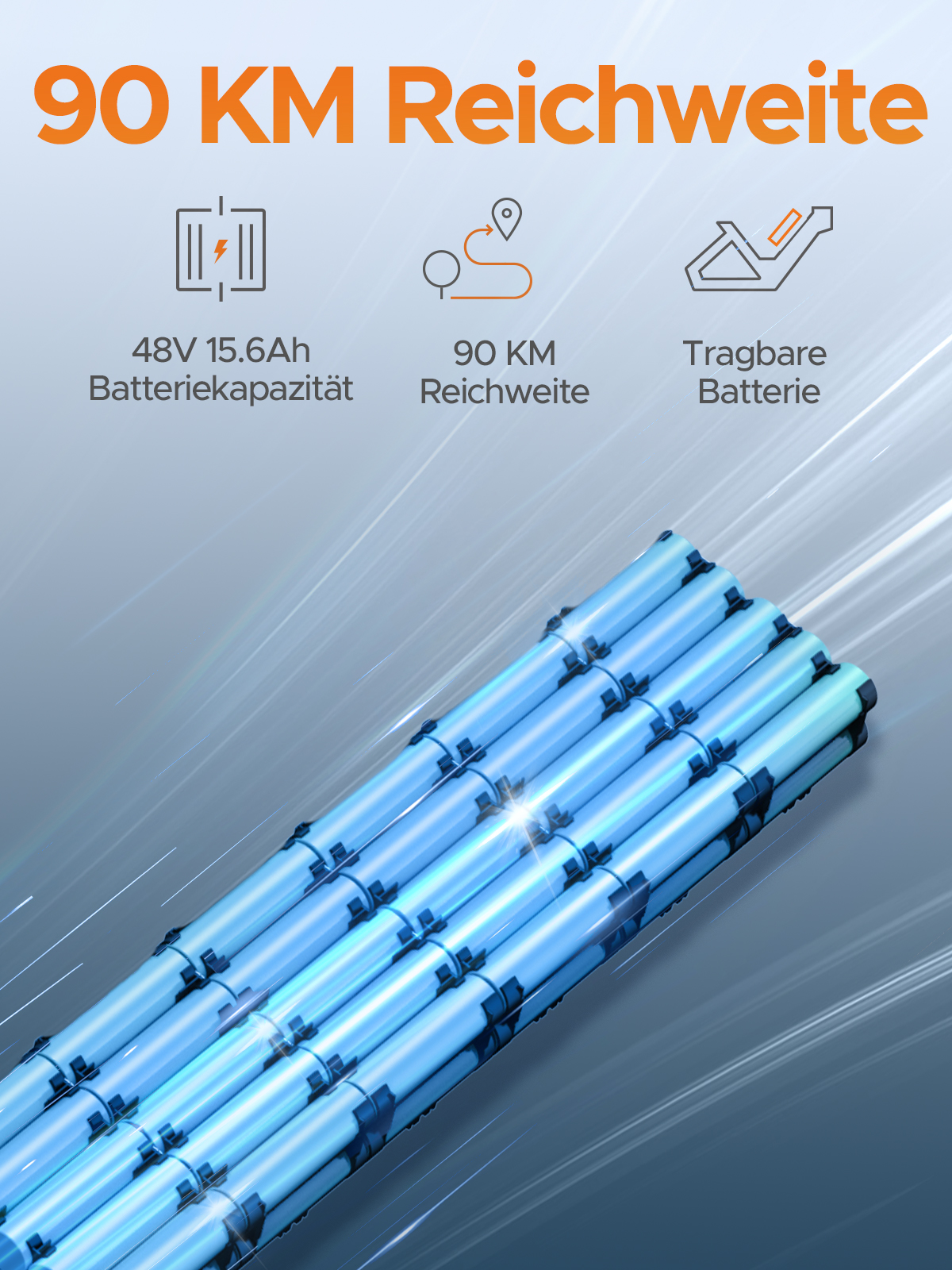 Bild zeigt einen Akku-Pack mit Text: 90 KM Reichweite, 48V 15.6Ah Batteriekapazität, 90 KM Reichweite, Tragbare Batterie.