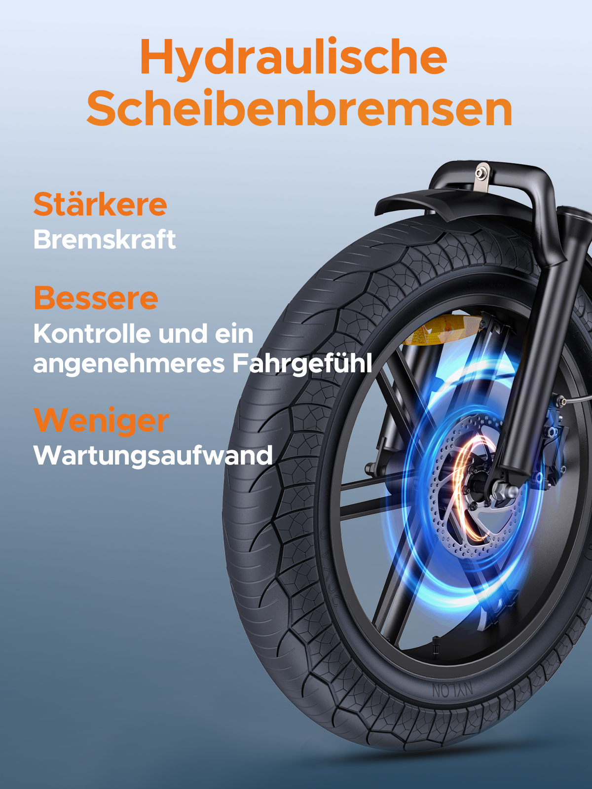 Nahaufnahme eines Fahrradrads mit Scheibenbremssystem. Text hebt stärkere Bremskraft und bessere Kontrolle hervor.