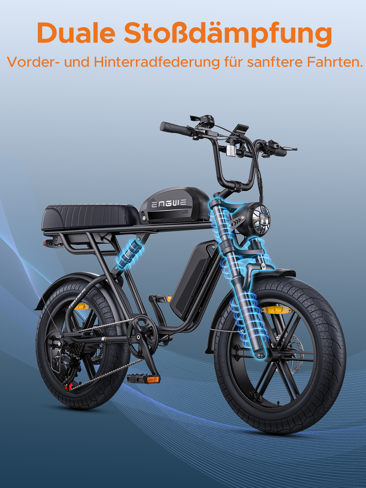 Schwarzes Elektrofahrrad mit Dual-Federung. Text sagt 'Dual Stoßdämpfung'. Blaue Linien heben Federung und Komponenten hervor.