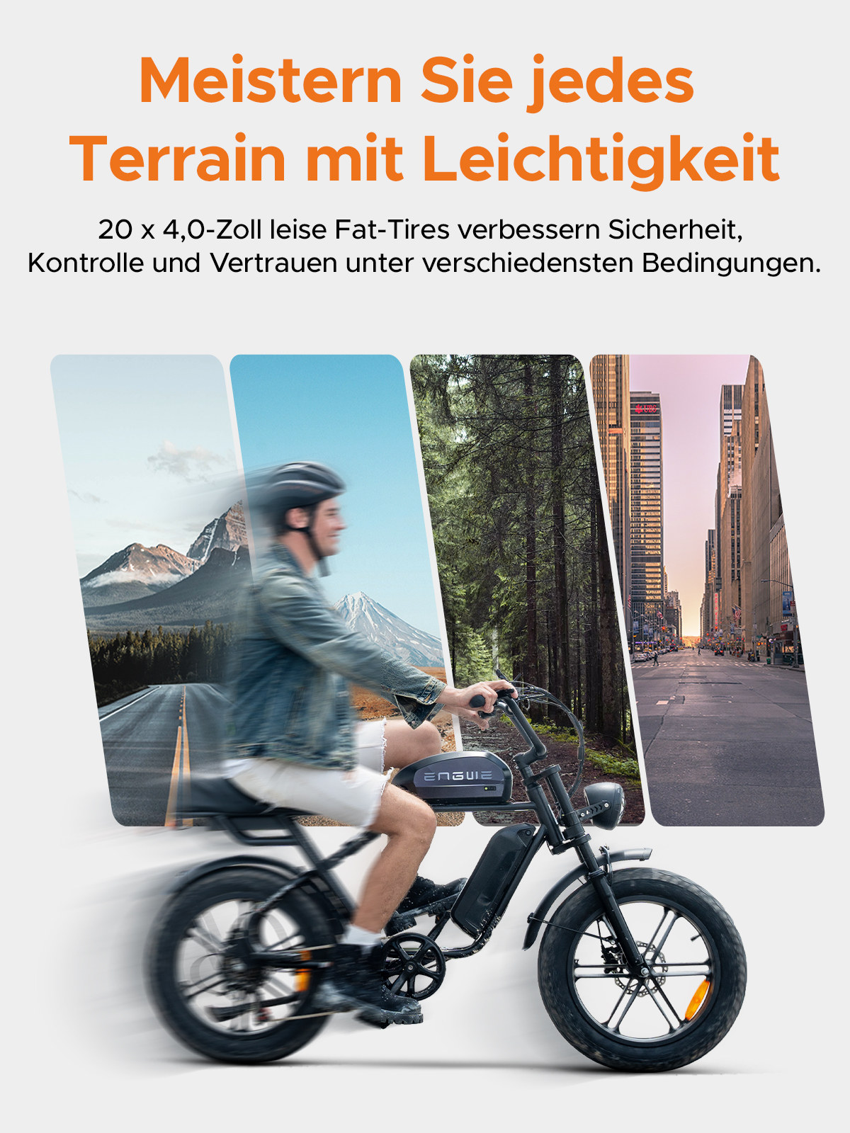 Mann fährt E-Bike. Im Hintergrund sind Berg- und Stadtszenen zu sehen. Der Text lautet: Meistere jedes Gelände mit Leichtigkeit.