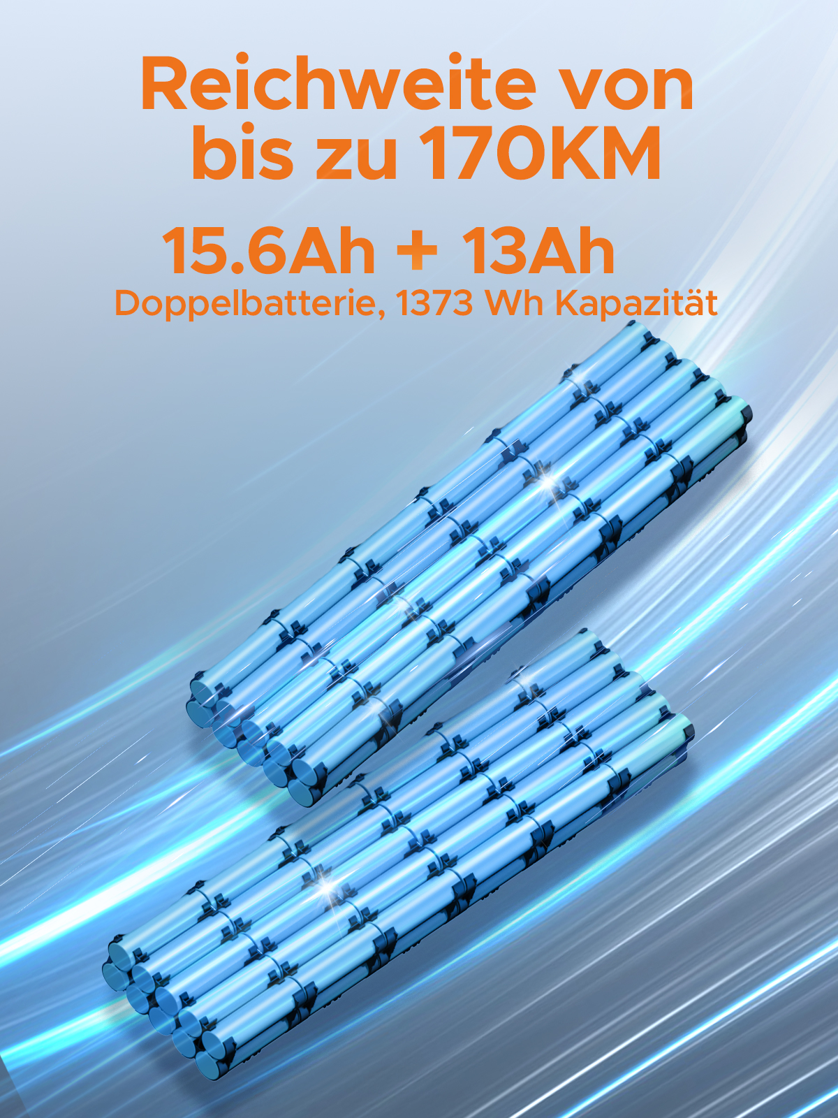 Zwei Stapel blauer zylindrischer Batterien auf hellblauem Hintergrund. Text oben zeigt 170 km Reichweite und Batteriespezifikationen.