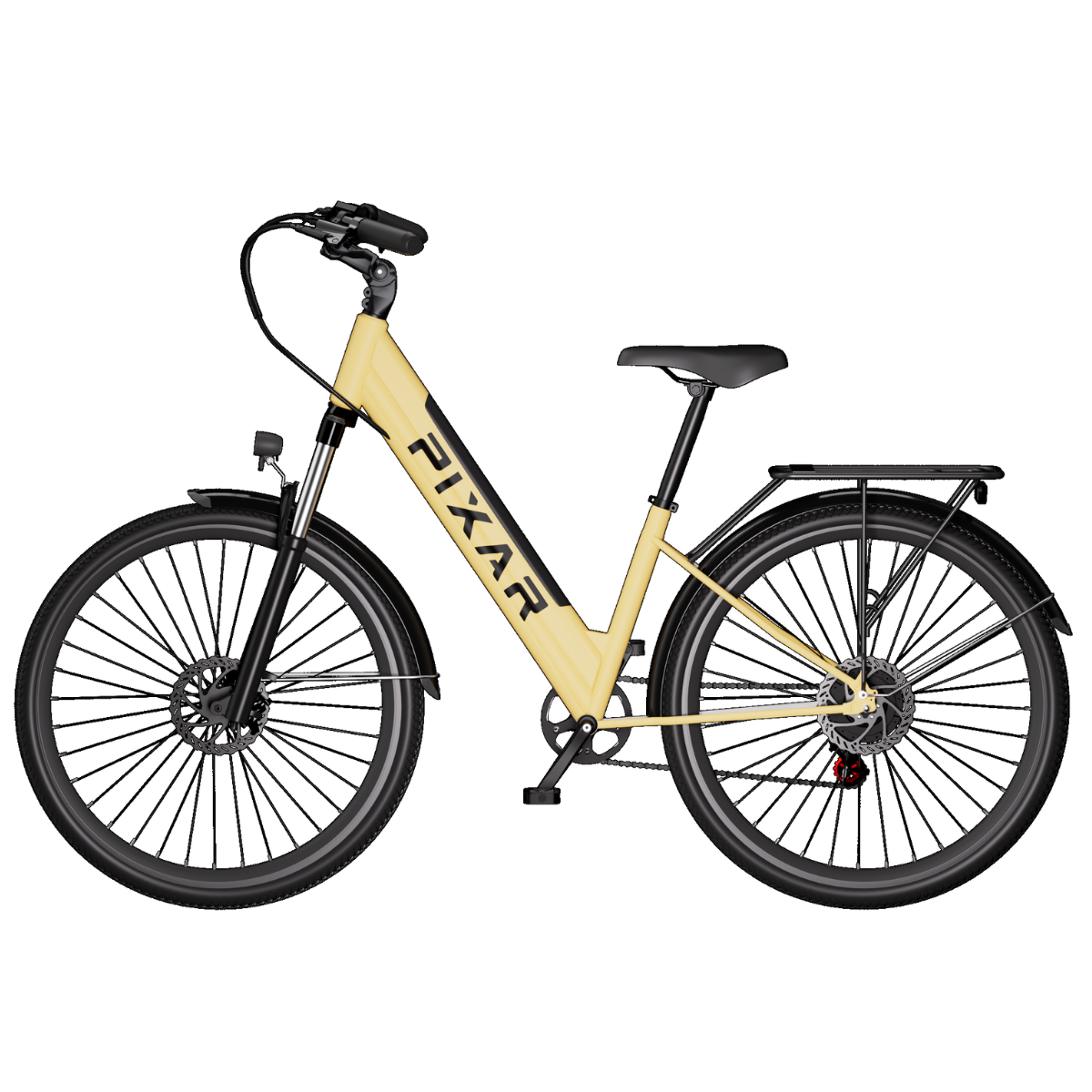 Kremowy rower elektryczny z czarnymi oponami, błotnikami i siedzeniem. Na ramie roweru napis 'PIXAR'.