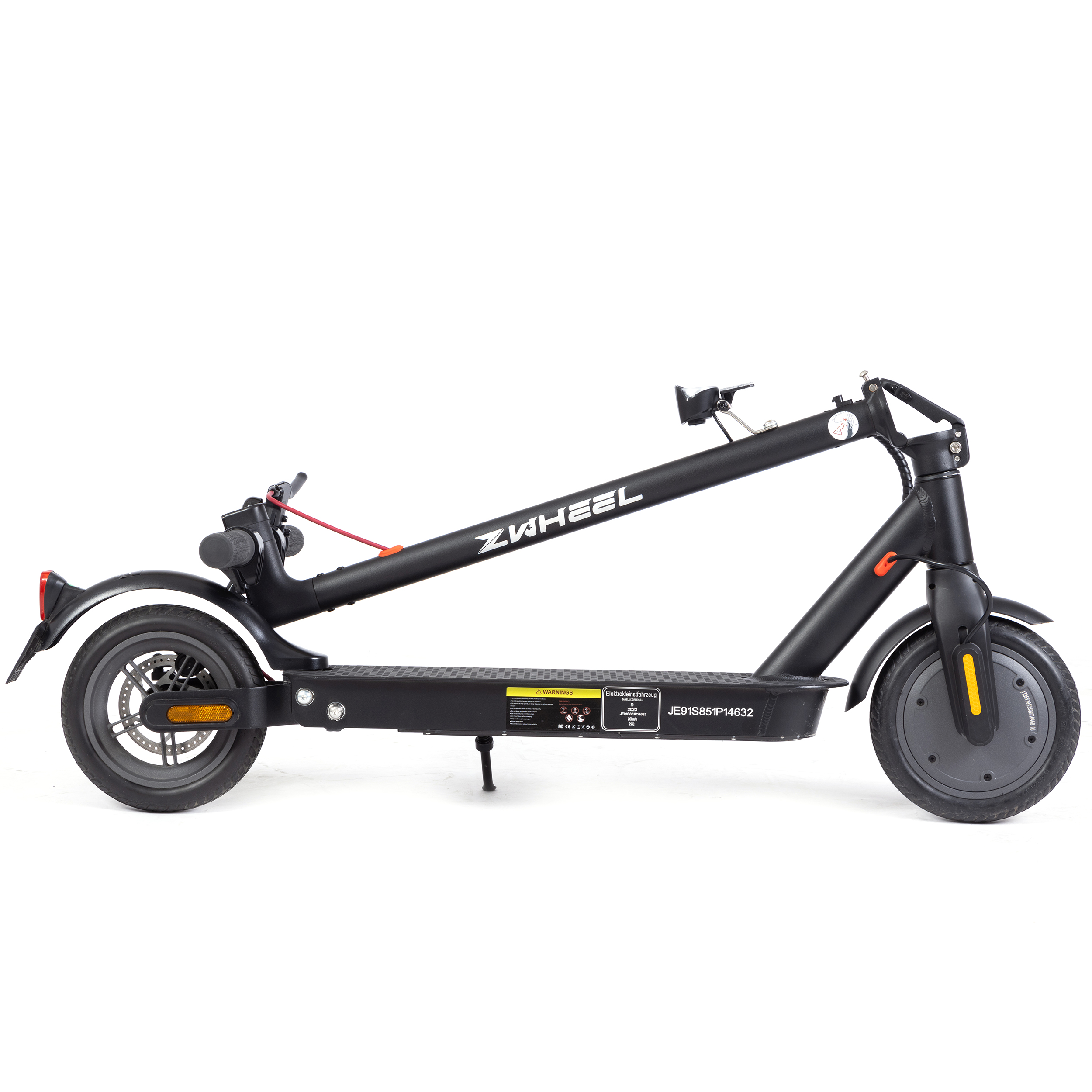 Schwarzer Elektroroller auf weißem Hintergrund. Der Roller trägt den Markennamen ZWHEEL.