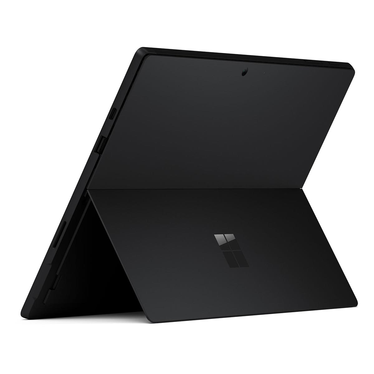 Wyświetlany jest czarny tablet Microsoft Surface. Ekran jest otwarty, ukazując ekran i osłonę klawiatury, z logo Microsoft.