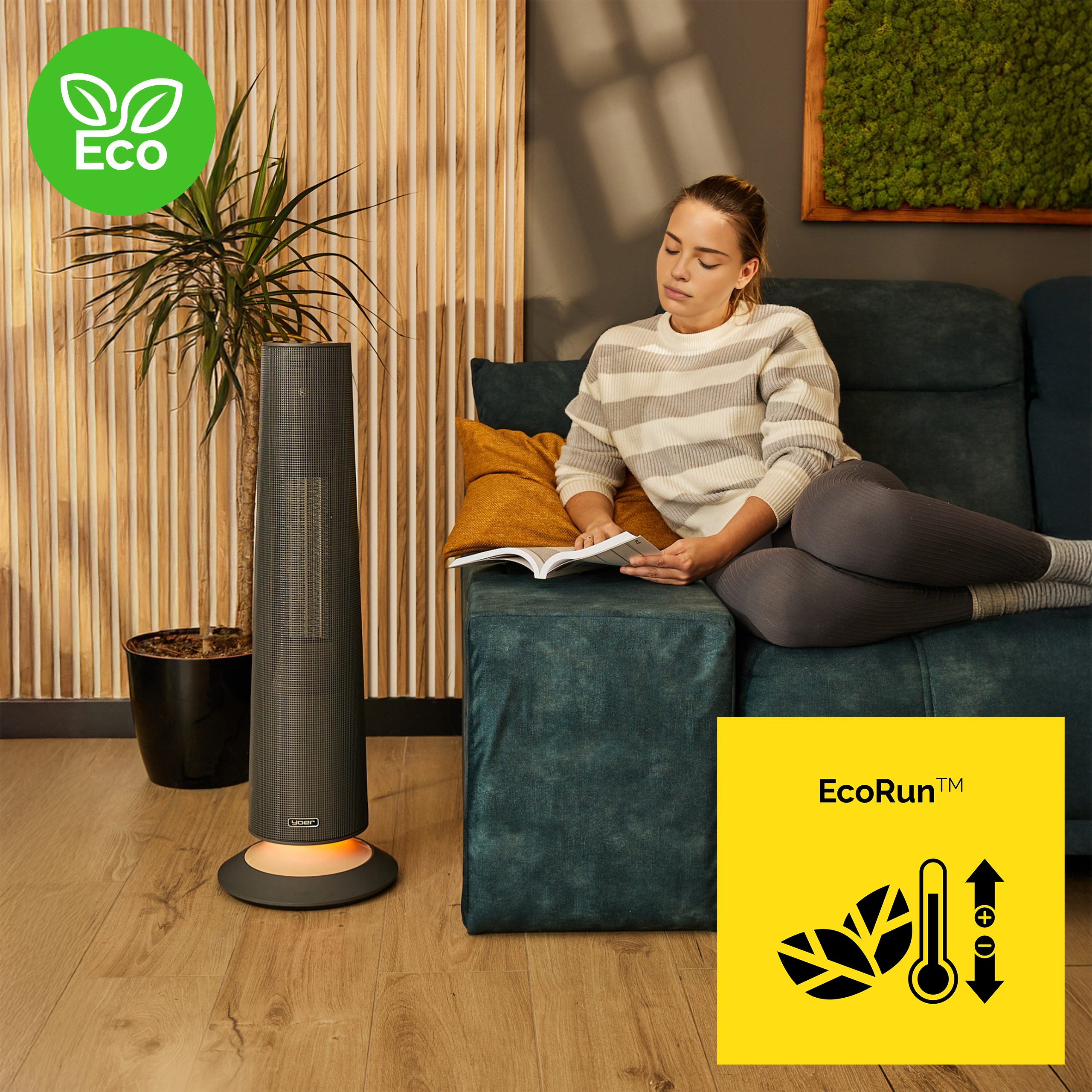 Kobieta czyta na zielonej sofie. Grzejnik i roślina po lewej. Znak EcoRun po prawej.