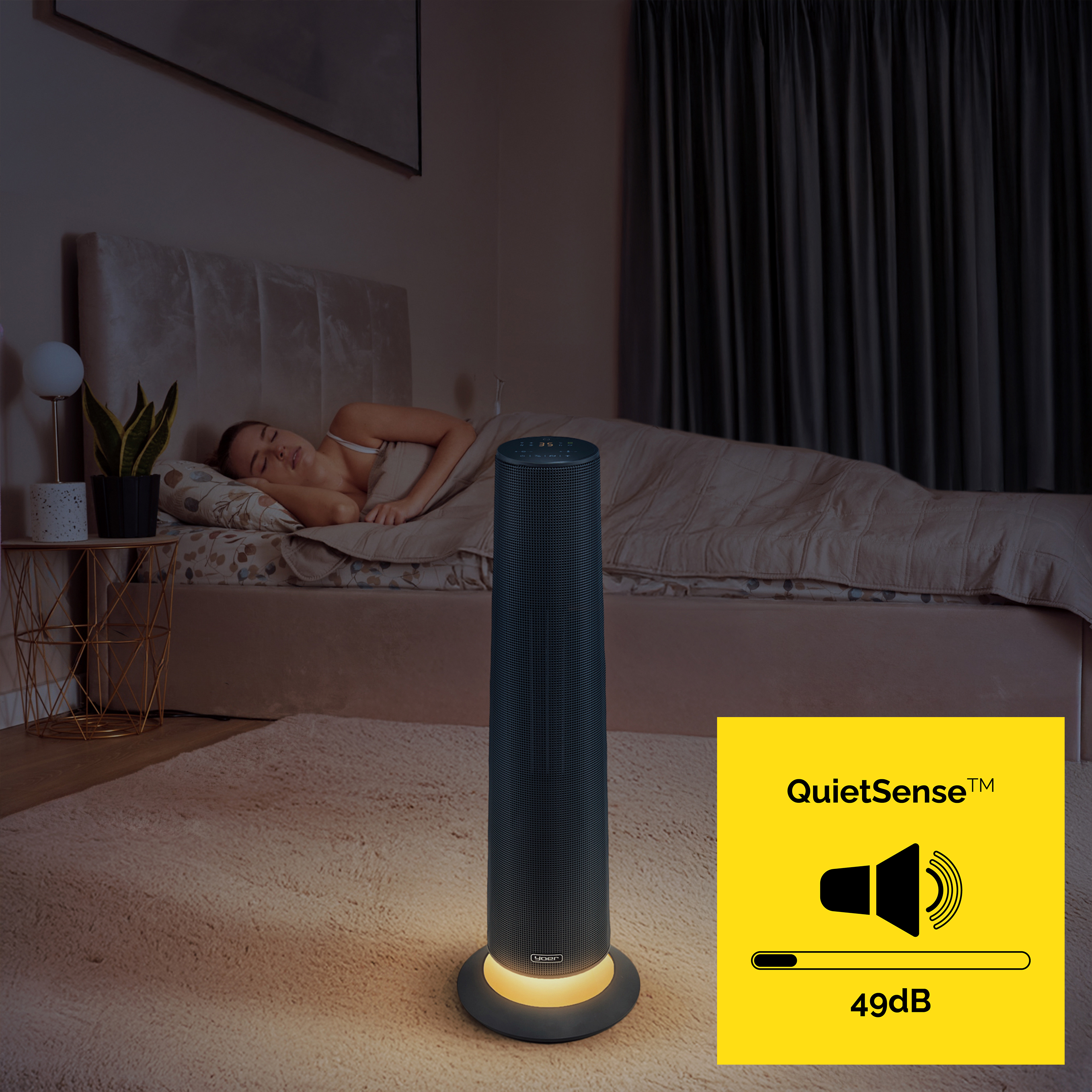 Sypialnia pokazuje śpiącą kobietę obok grzejnika. Żółty znak wskazuje QuietSense z poziomem dźwięku 49dB.