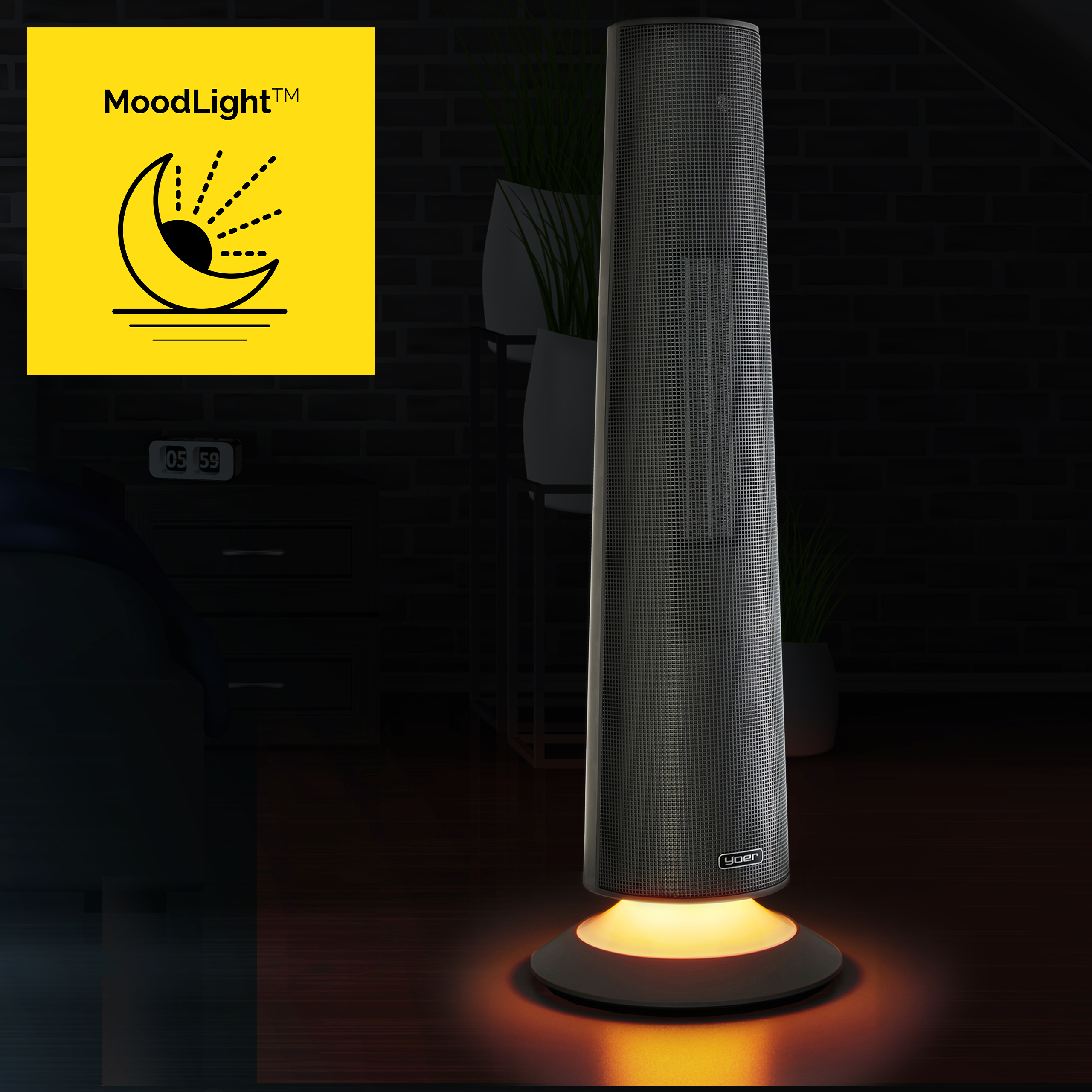 Cylindryczny grzejnik z ciepłą podstawą. Logo w lewym górnym rogu. Ciemne tło z roślinami.