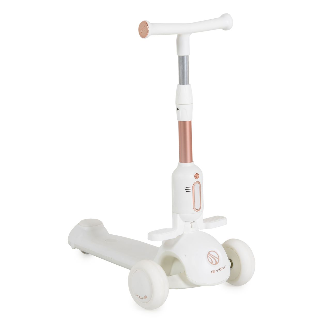 Weißer und roségoldener Roller. Er hat einen T-förmigen Lenker, drei Räder und eine kleine Fußstütze. Der Markenname ist BYOX.