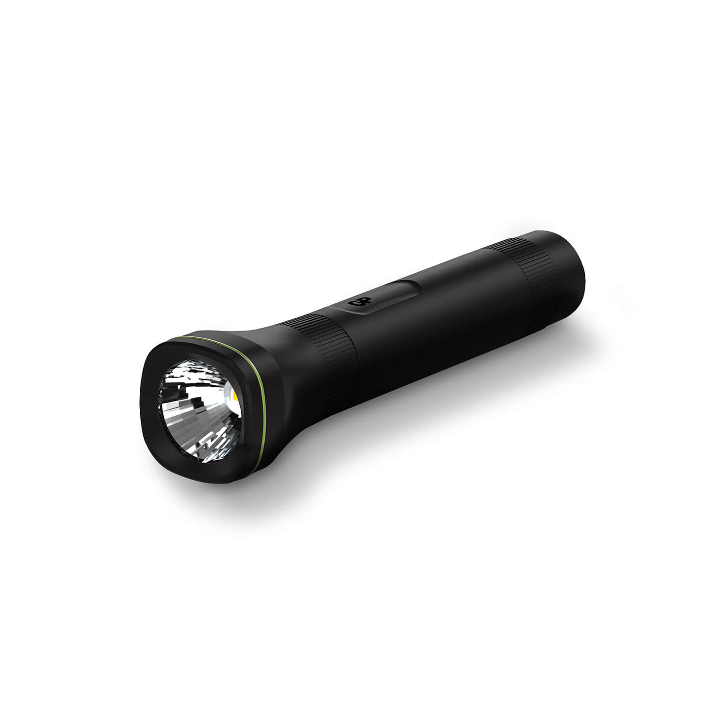 Eine schwarze Taschenlampe mit hellem Licht auf weißem Hintergrund. Die Taschenlampe ist zylindrisch und hat einen grünen Rand.