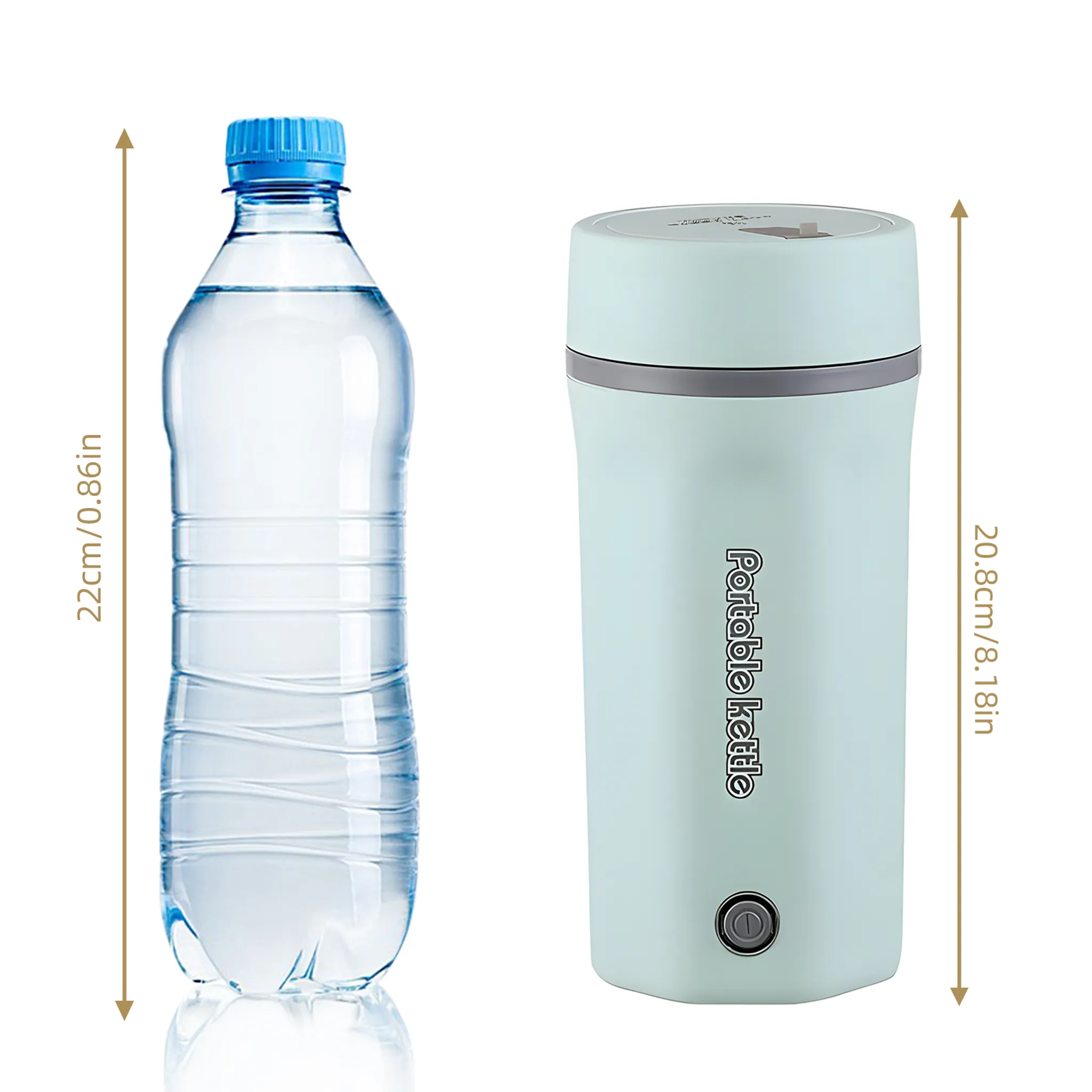 Das Bild zeigt eine Wasserflasche und einen mintgrünen tragbaren Wasserkocher. Abmessungen sind angegeben: 22cm/0.86in und 20.8cm/8.18in.