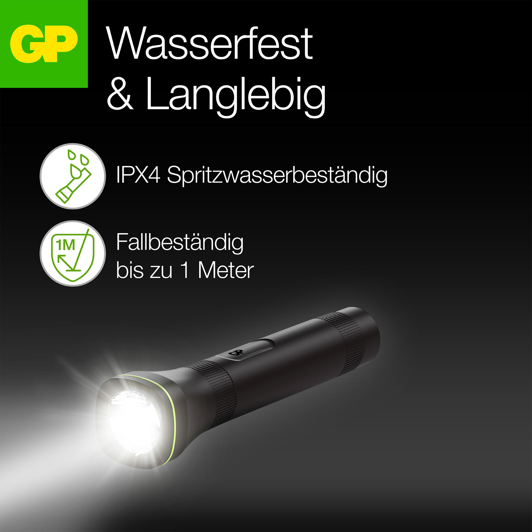 Eine schwarze Taschenlampe mit hellem weißen Licht. Der Text lautet 'Wasserdicht & Langlebig'. Sie hat IPX4- und 1M-Fallschutz.