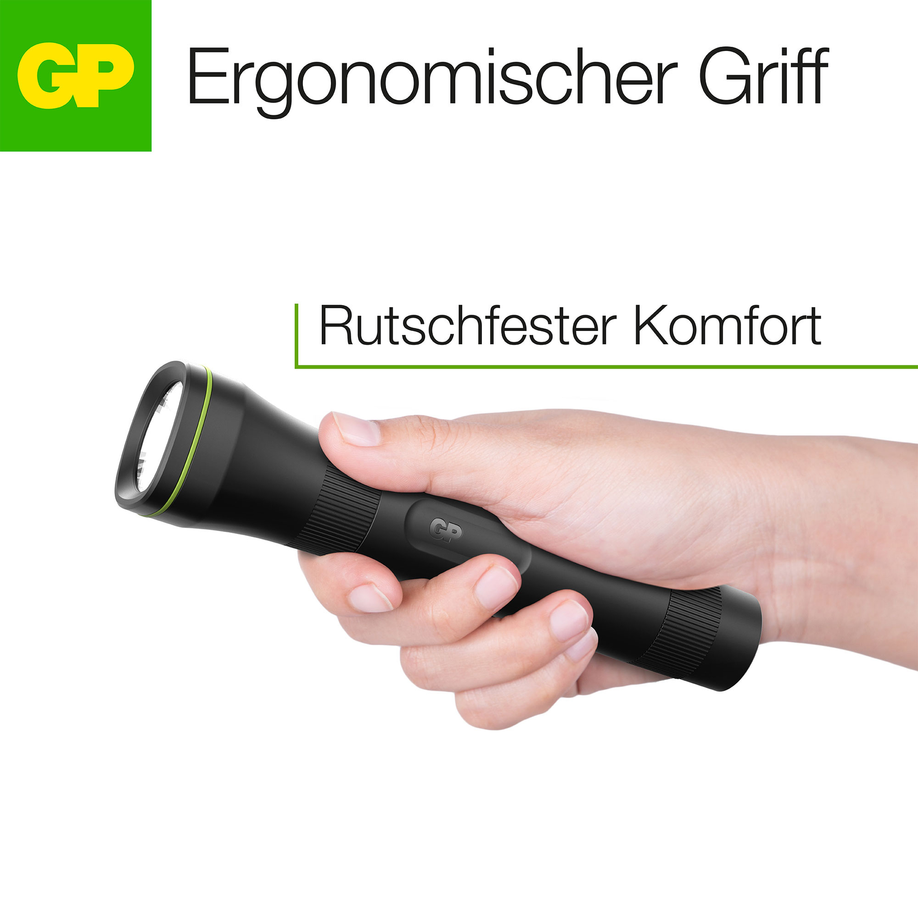 Hand hält eine schwarze Taschenlampe mit grünem Akzent. Der Text lautet 'Ergonomischer Griff' und 'Rutschfester Komfort'.