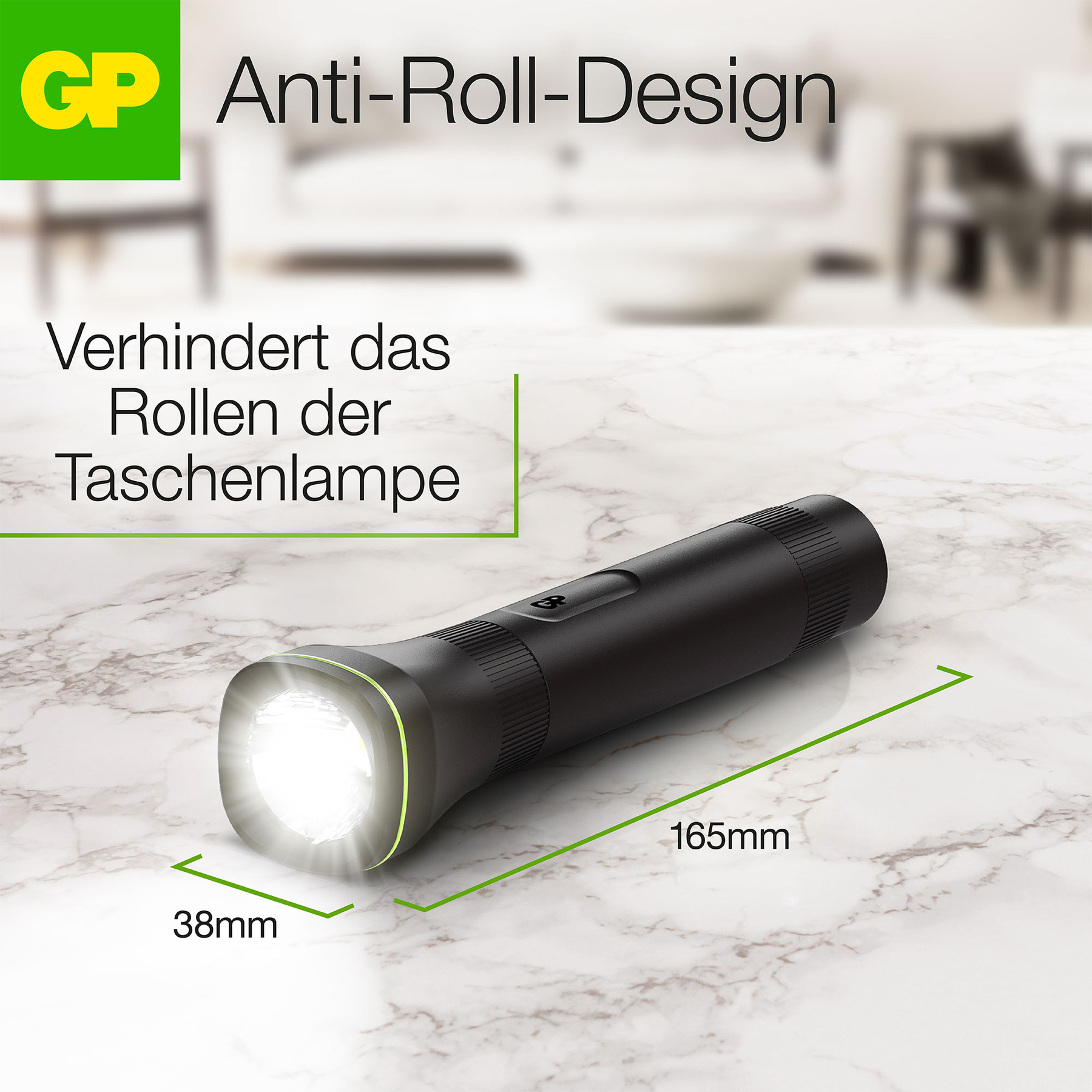 Schwarze Taschenlampe mit hellem weißem Licht, 165 mm lang, 38 mm breit. Anti-Roll-Design. Grünes GP-Logo.