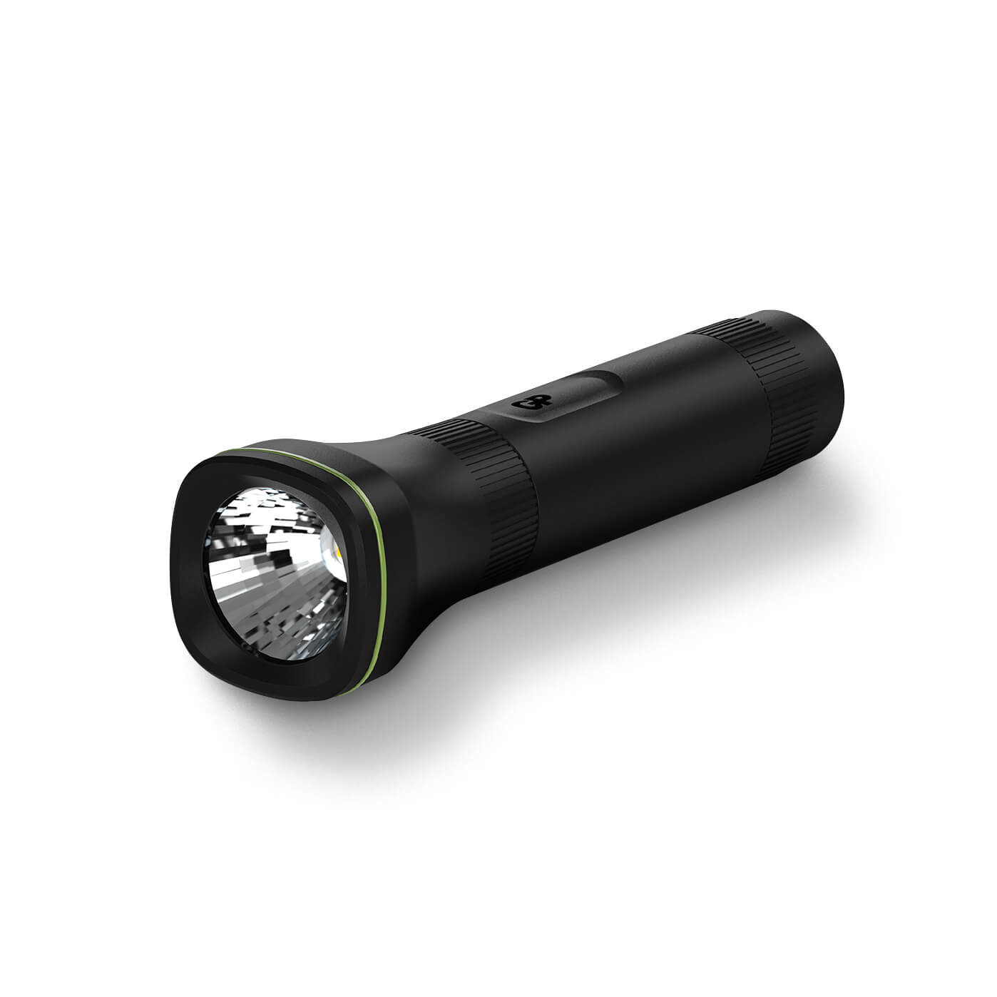 Eine schwarze Taschenlampe mit grünem Rand um das Licht. Sie befindet sich auf weißem Hintergrund. Das Licht ist an.