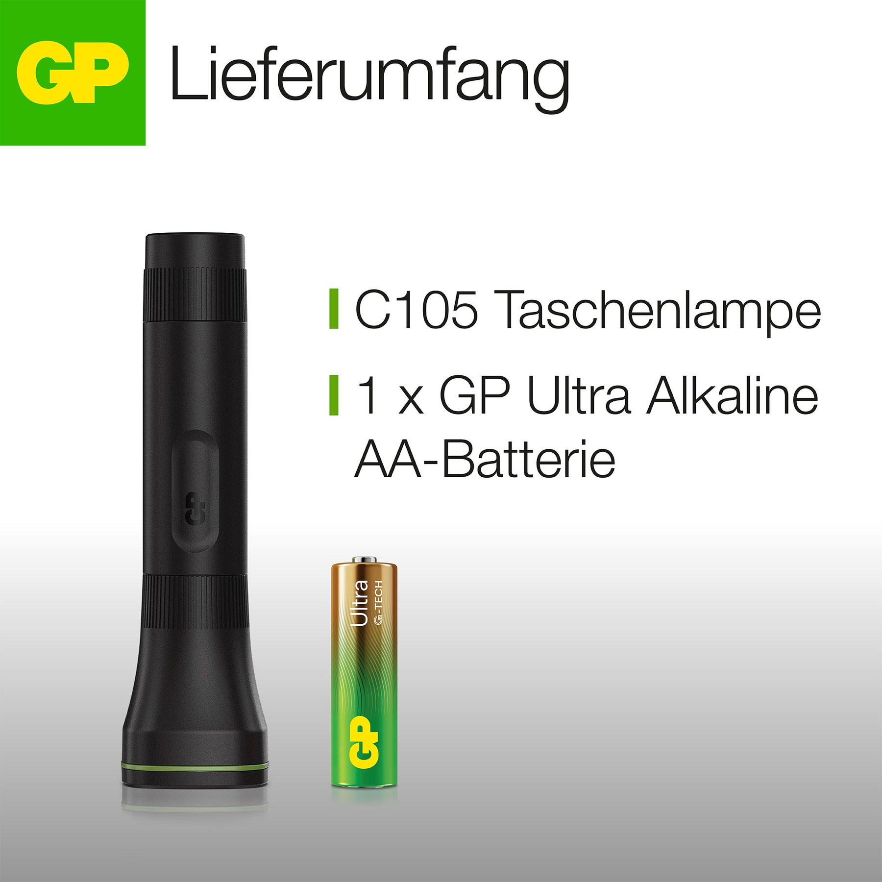 Das Bild zeigt eine schwarze Taschenlampe, eine AA-Batterie und Text auf Deutsch.