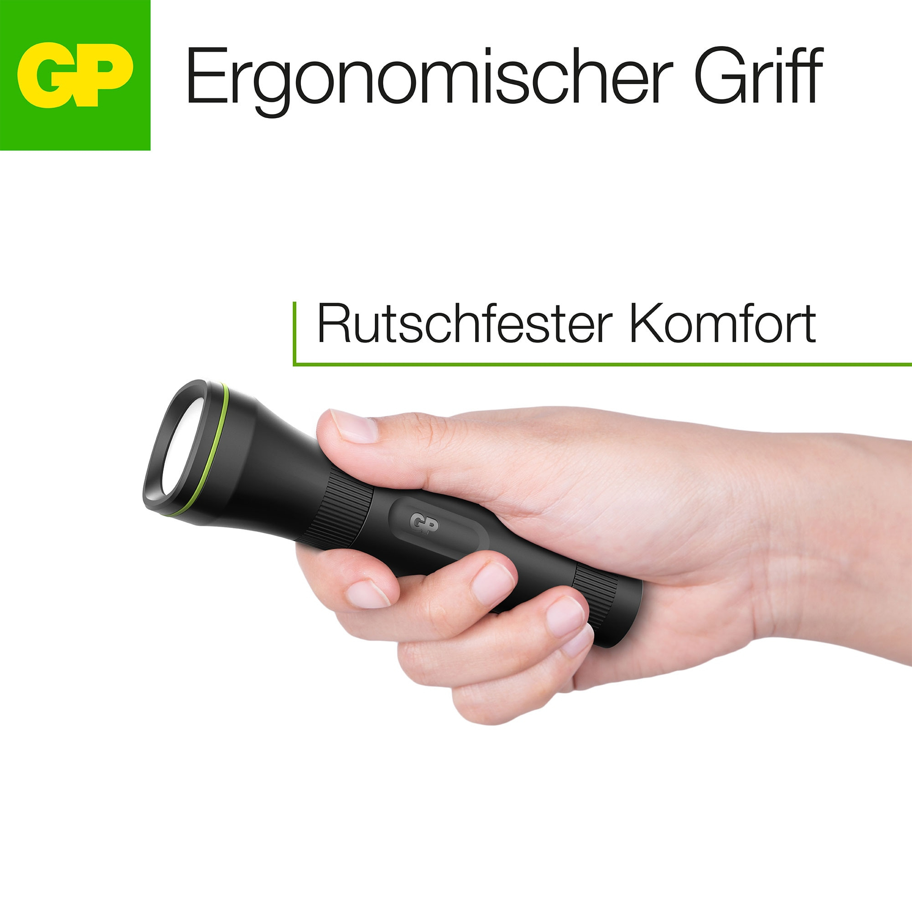 Eine Hand hält eine schwarze Taschenlampe mit grünem Akzent. Der Text lautet: „Ergonomischer Griff“ und „Rutschfester Komfort“.