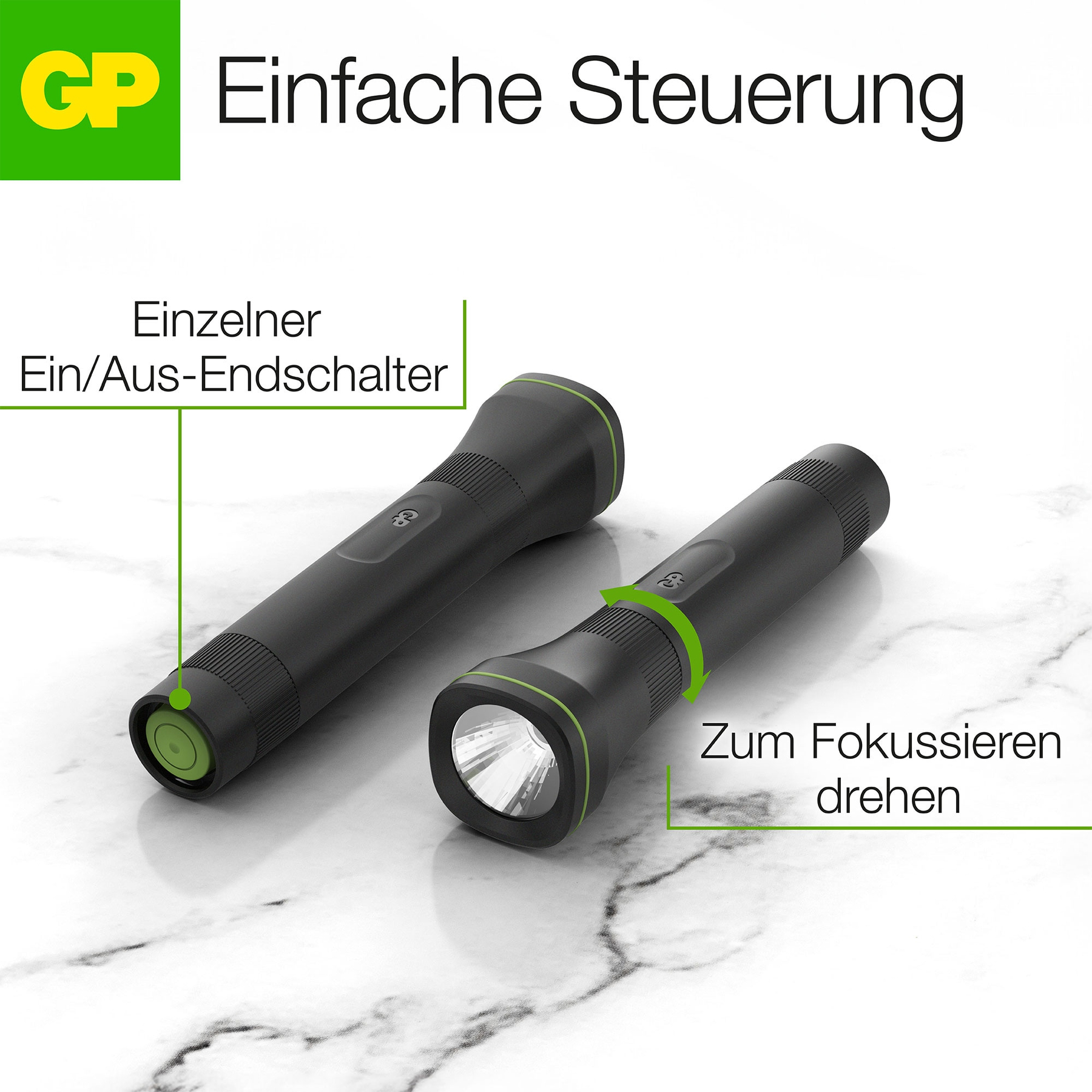 Zwei schwarze Taschenlampen auf weißer Marmoroberfläche. Deutscher Text beschreibt Funktionen wie Ein/Aus-Schalter und Fokussierung.