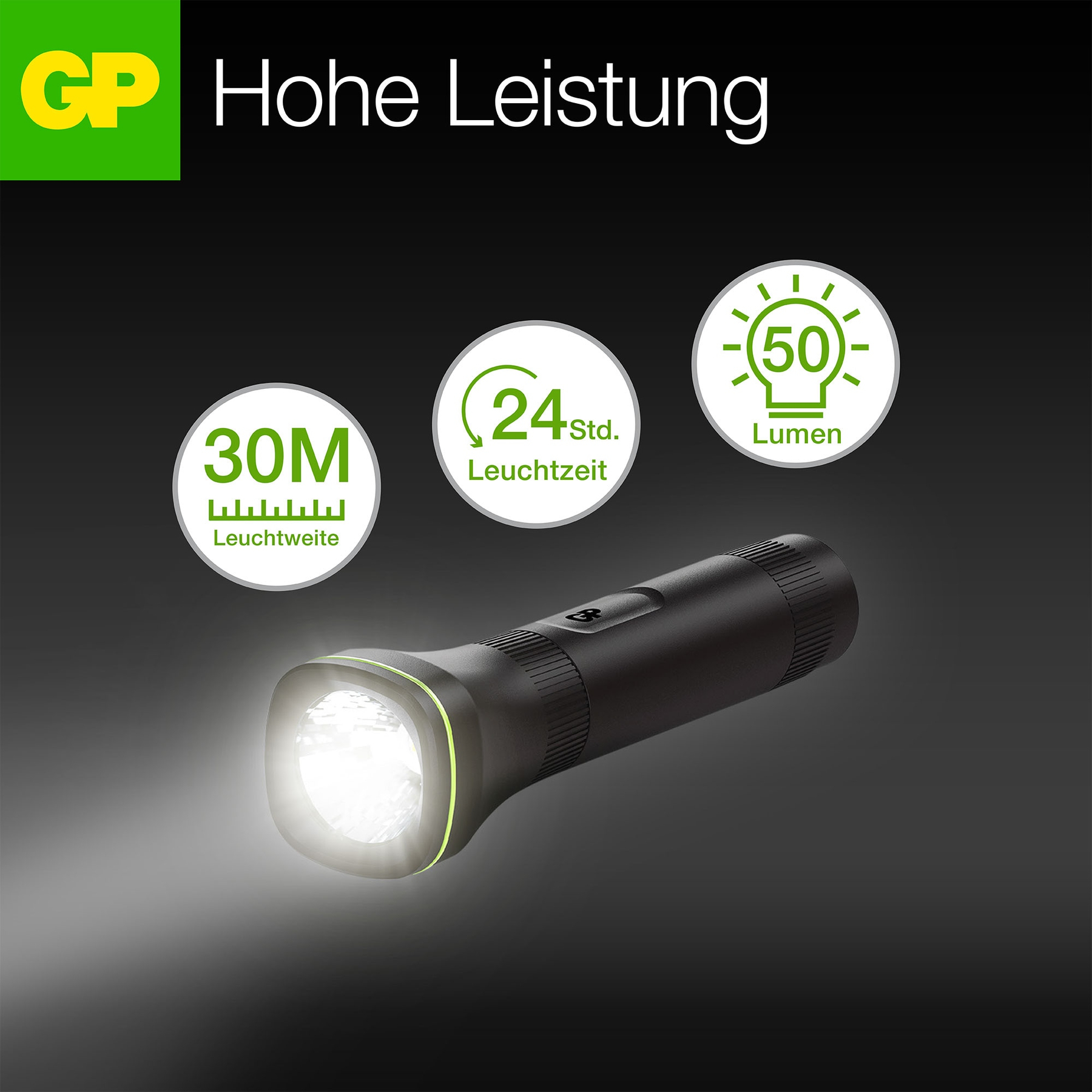 Eine schwarze Taschenlampe mit hellem Lichtstrahl. Das Bild zeigt auch Spezifikationen, einschließlich 30M Reichweite und 24h Akku.