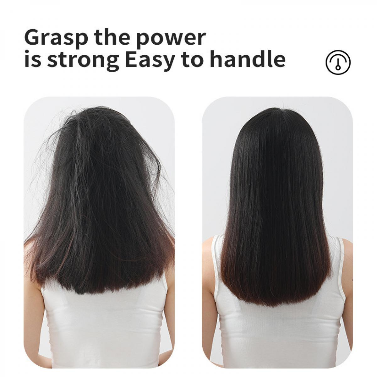 Das Bild zeigt krauses Haar und dann glattes Haar. Eine Frau in einem weißen Tanktop wird von hinten gezeigt und demonstriert die Haartransformation.