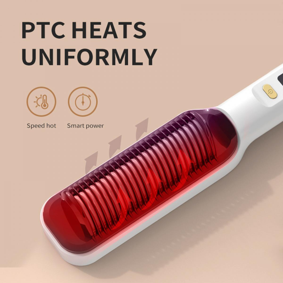 Ein Haarglätter mit roten Heizelementen. Text: PTC HEATS UNIFORMLY. Symbole: Schnelle Hitze, Smart Power. Weißer Griff mit Power-Taste.