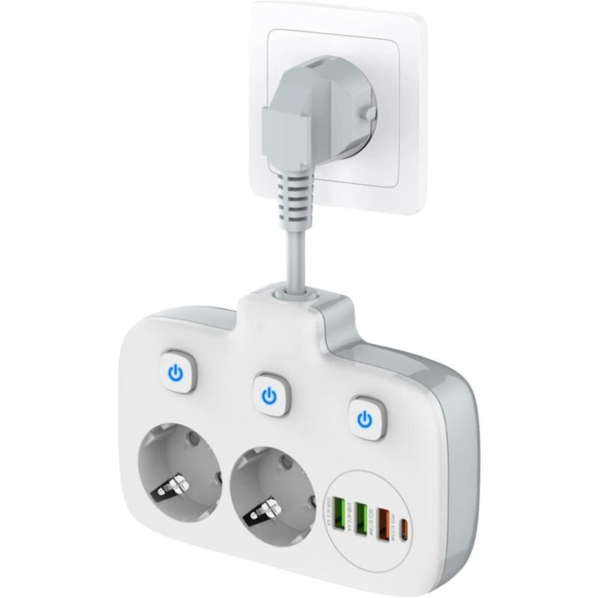 Ein weißes Verlängerungskabel mit 3 Steckdosen und USB-Anschlüssen, das an einer Wandsteckdose angeschlossen ist. Ein-/Aus-Tasten sind sichtbar.
