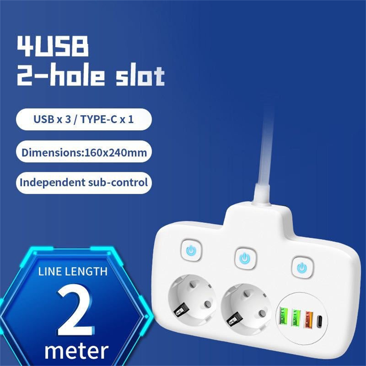 Weißes Verlängerungskabel mit 2 Löchern, 4 USB-Anschlüssen und einem Typ-C-Anschluss. Es hat ein 2-Meter-Kabel. Text zeigt Abmessungen an.