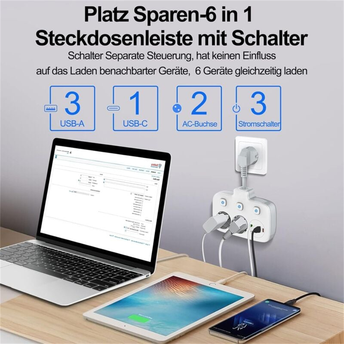 Ein Mehrfachstecker mit Steckdosen und USB-Anschlüssen, der einen Laptop, ein Tablet und ein Telefon auflädt. Text beschreibt die Funktionen.
