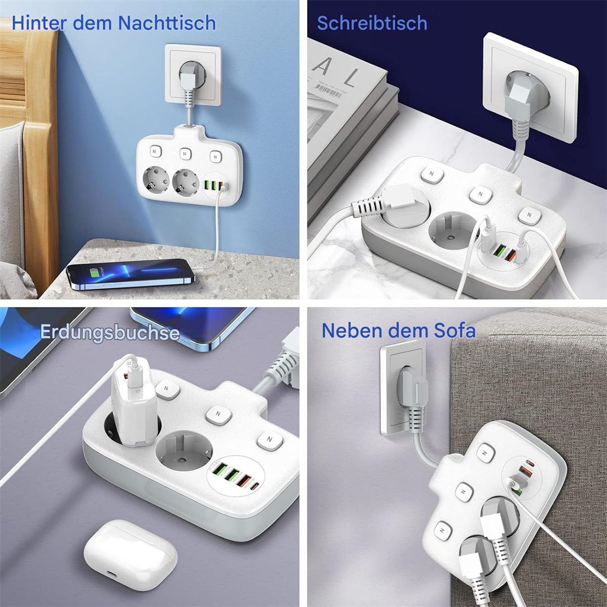 Ein weißer Mehrfachstecker mit mehreren Steckdosen und USB-Anschlüssen ist an eine Steckdose angeschlossen. In der Nähe befinden sich Telefone und andere Geräte.