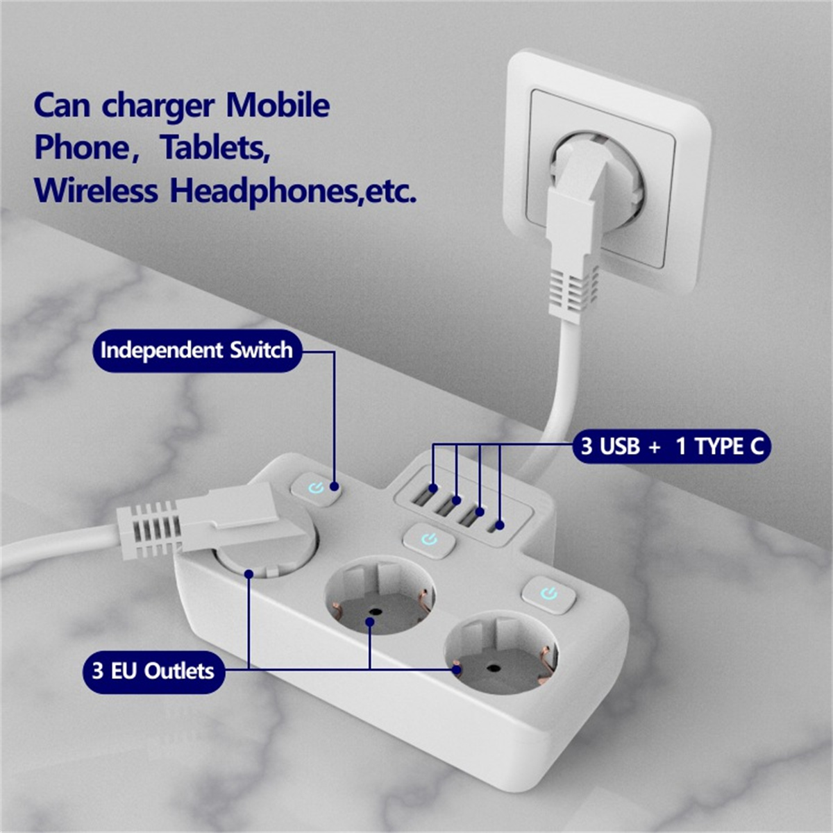 Weisse Steckdosenleiste mit 3 EU-Steckdosen, 3 USB-Anschlüssen und 1 Typ-C-Anschluss, an eine Steckdose angeschlossen.