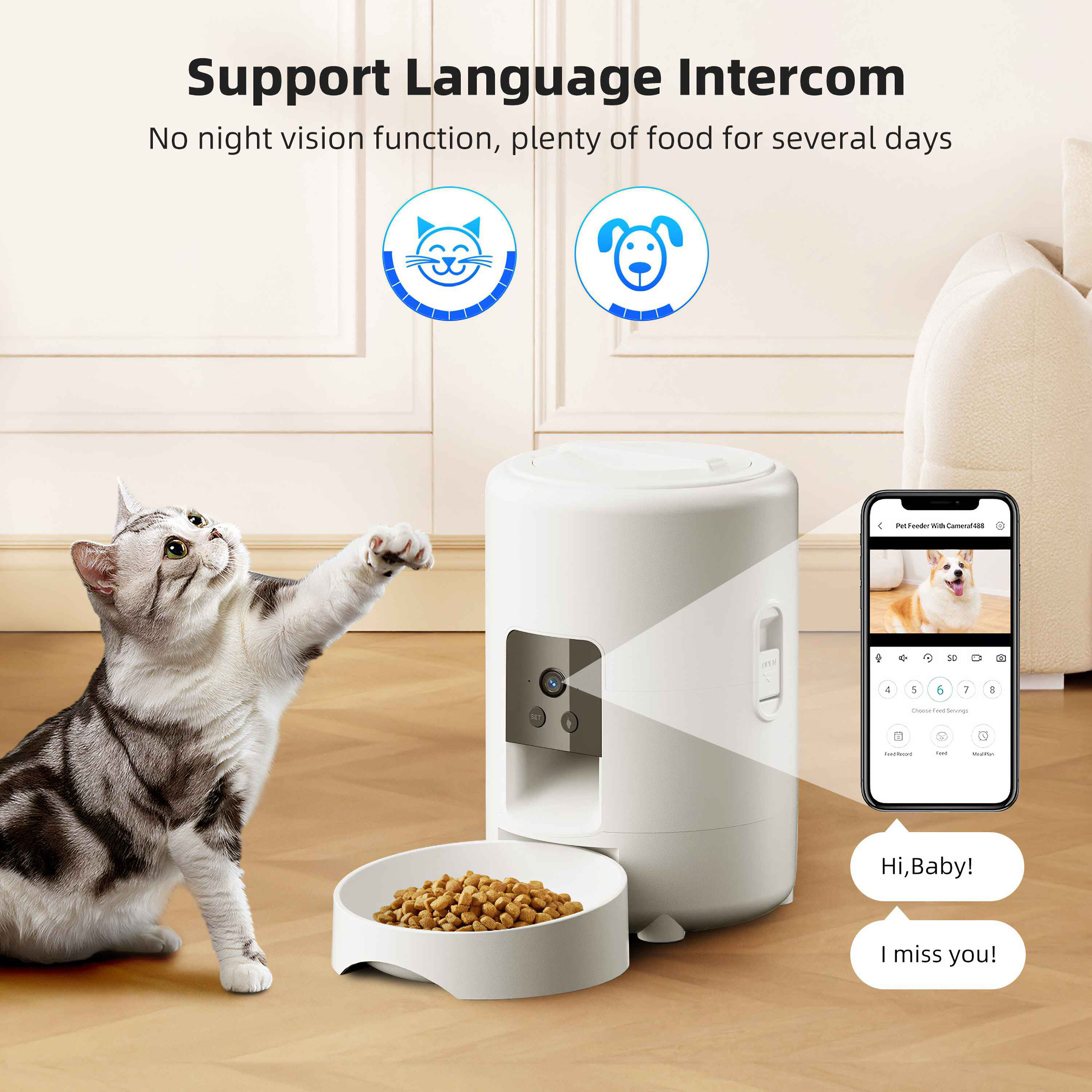 Eine Katze greift nach Futter von einem Futterautomaten. Ein Telefon zeigt einen Hund. Text sagt: 'Hi, Baby!' und 'I miss you!'