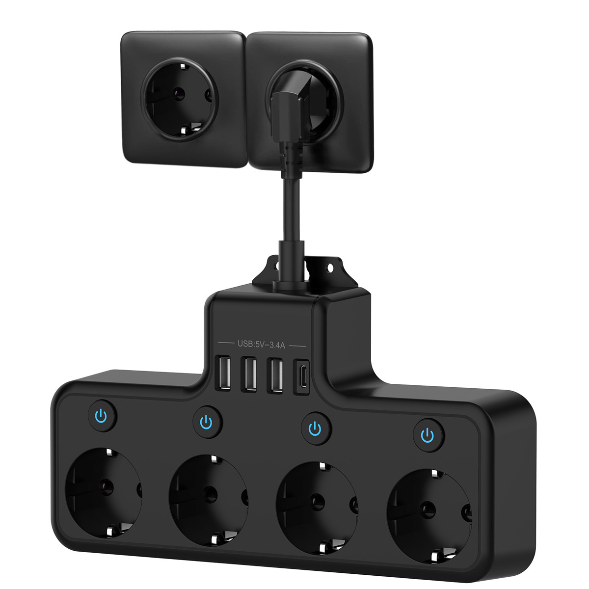 Ein schwarzes Verlängerungskabel mit vier Steckdosen, vier USB-Anschlüssen und zwei Euro-Steckern. Es hat Ein- und Aus-Schalter und ein Netzkabel.