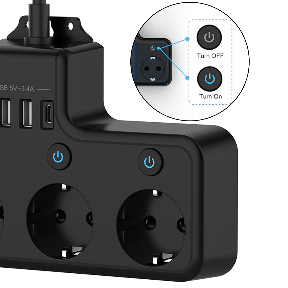 Schwarze Steckdosenleiste mit mehreren Steckdosen, USB-Anschlüssen und Netzschaltern. Enthält ein Diagramm mit der Ein/Aus-Funktion.