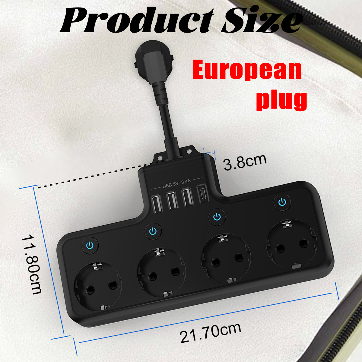 Schwarze Steckdosenleiste mit Eurostecker, Abmessungen sind angegeben. Sie hat 3 Steckdosen, 4 USB-Anschlüsse und Ein-Aus-Schalter.