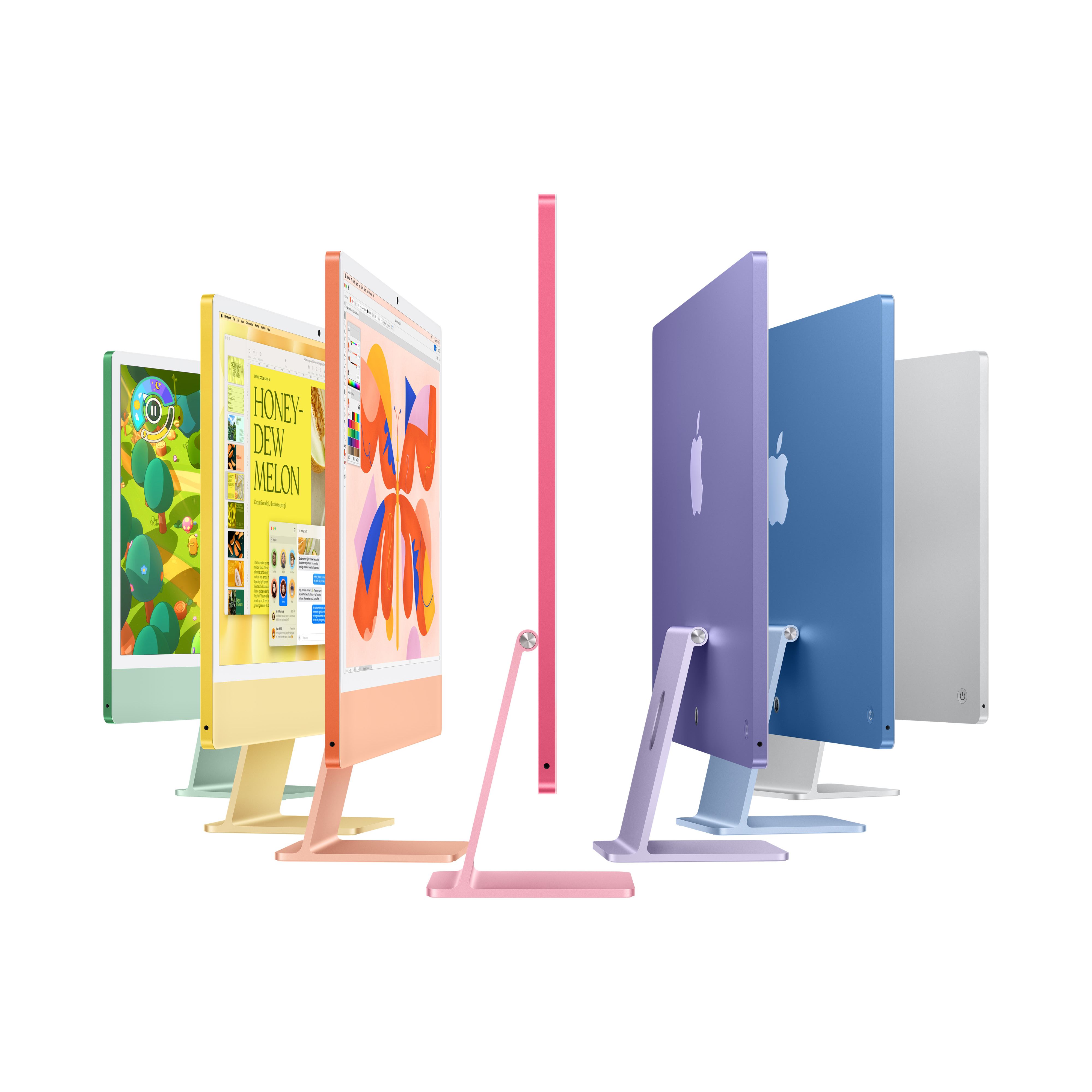 Różne kolorowe komputery iMac ułożone. Każdy ma inny kolor, a ekrany wyświetlają różne aplikacje i strony internetowe.