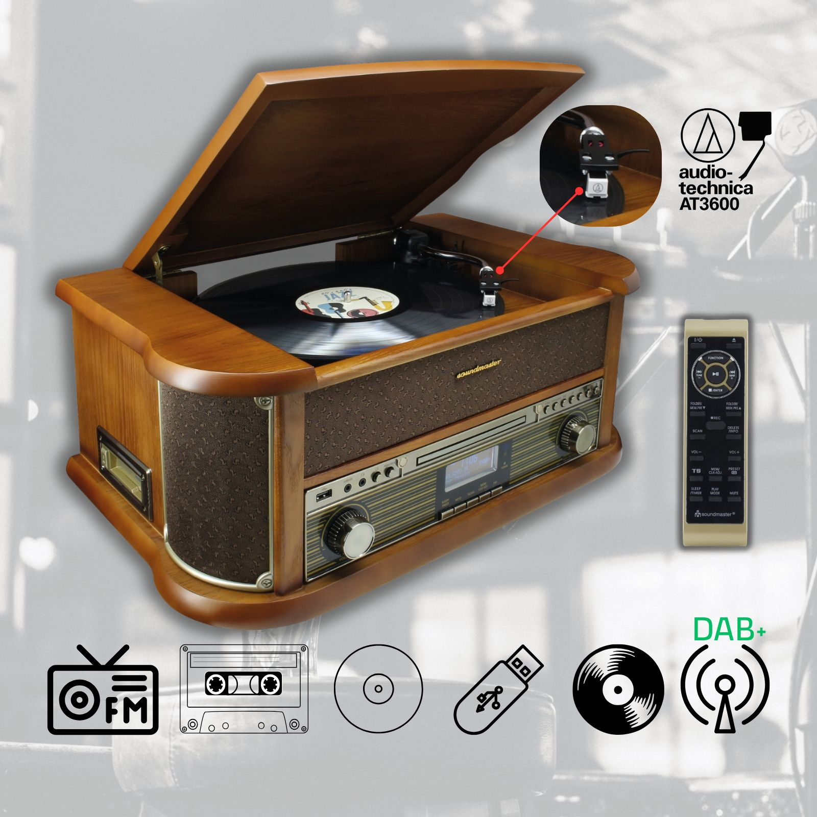 Une platine vinyle en bois avec un disque, une télécommande et des icônes pour FM, USB, CD, cassette et DAB+.