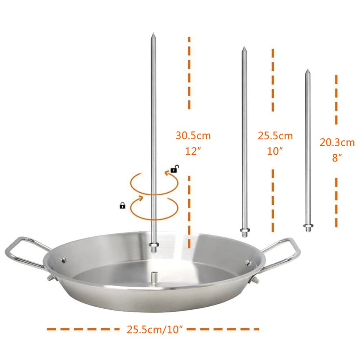 Eine Edelstahlpfanne mit Drehspießaufsatz und drei unterschiedlich langen Spießen werden dargestellt. Maße sind enthalten.