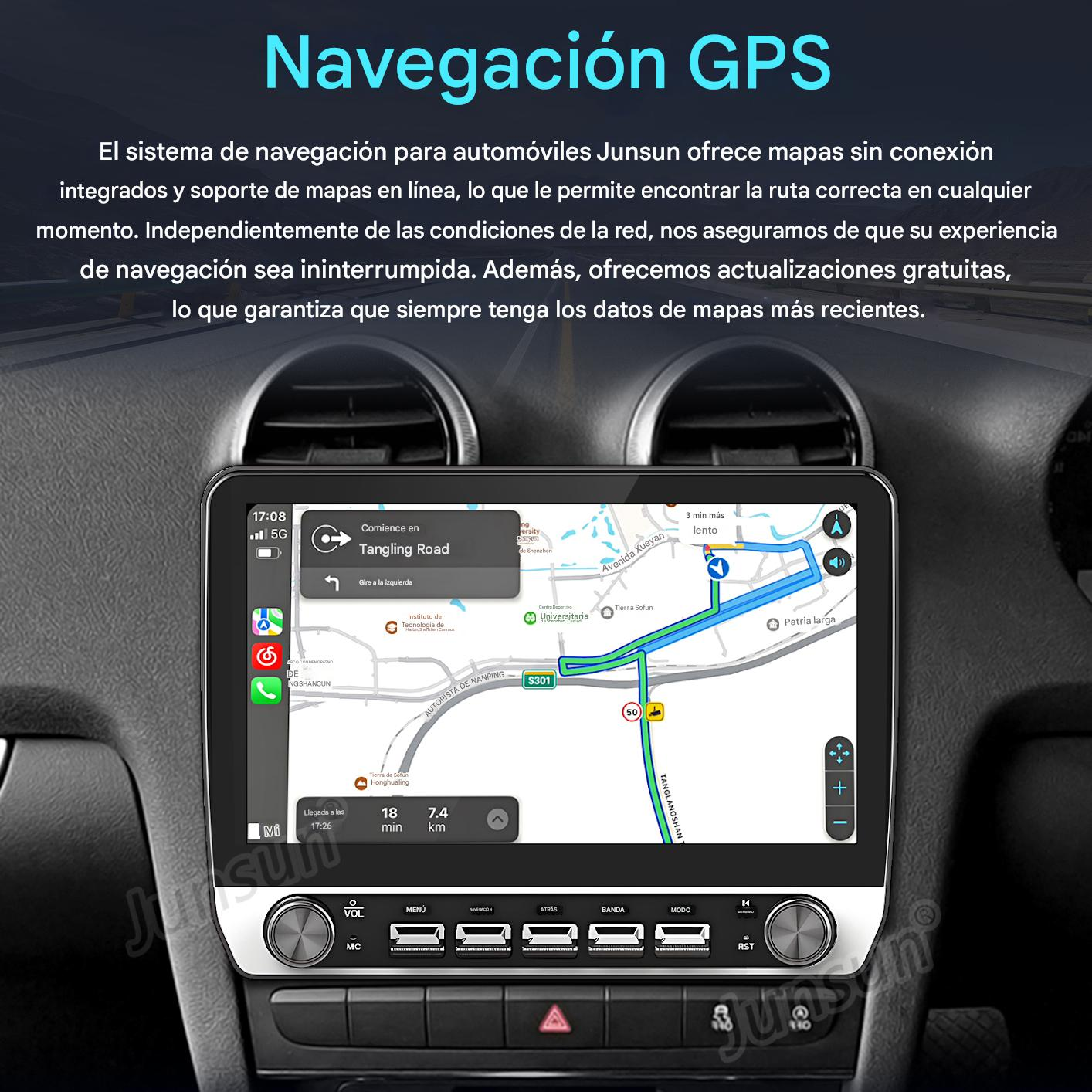 Pantalla de navegación del coche con ruta resaltada. El salpicadero del coche es visible.