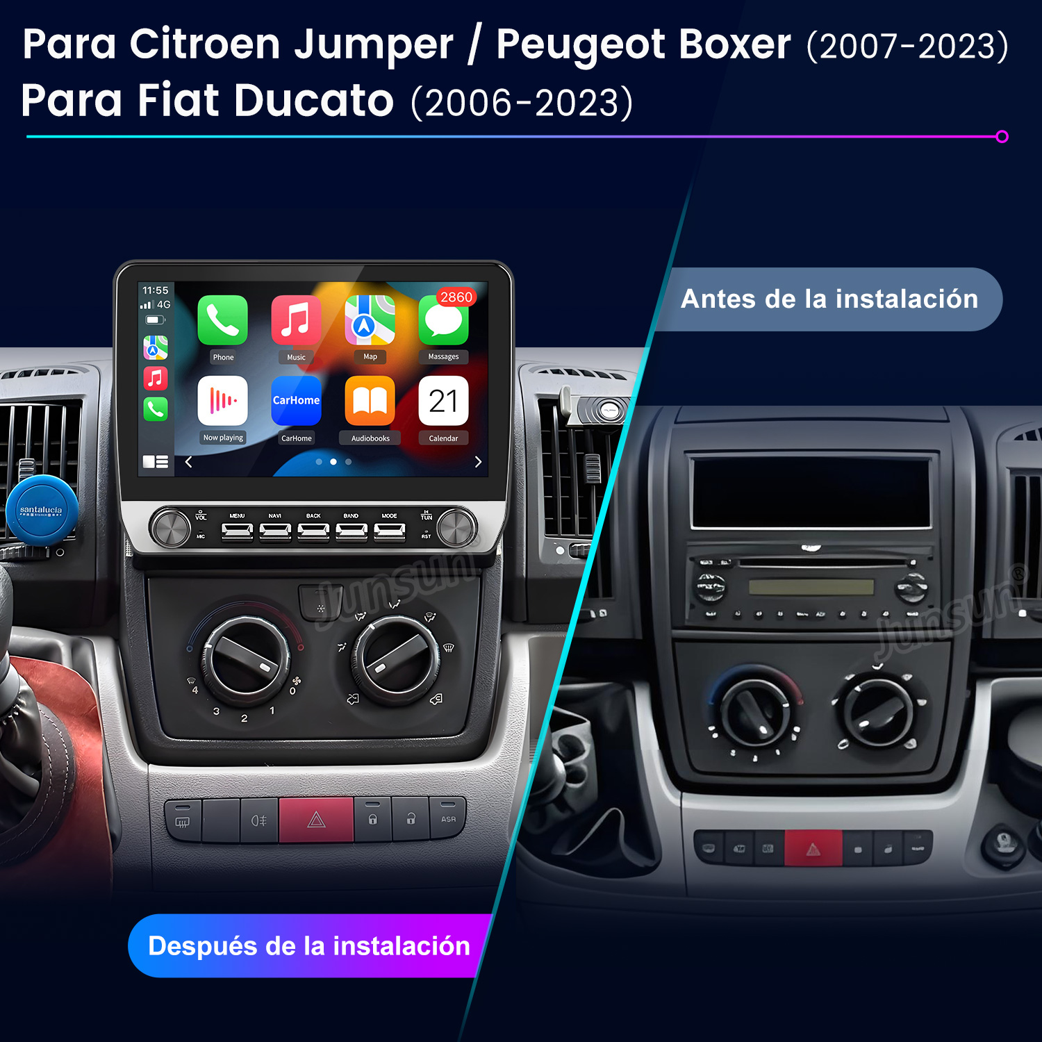 Comparación del salpicadero del coche antes y después de la instalación. La imagen posterior muestra una interfaz táctil.