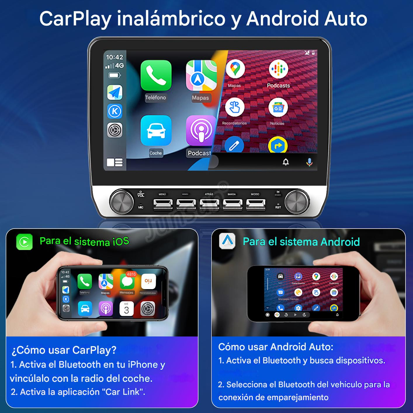Pantalla CarPlay y Android Auto con iconos de aplicaciones. Se muestran instrucciones sobre cómo conectarse por Bluetooth.