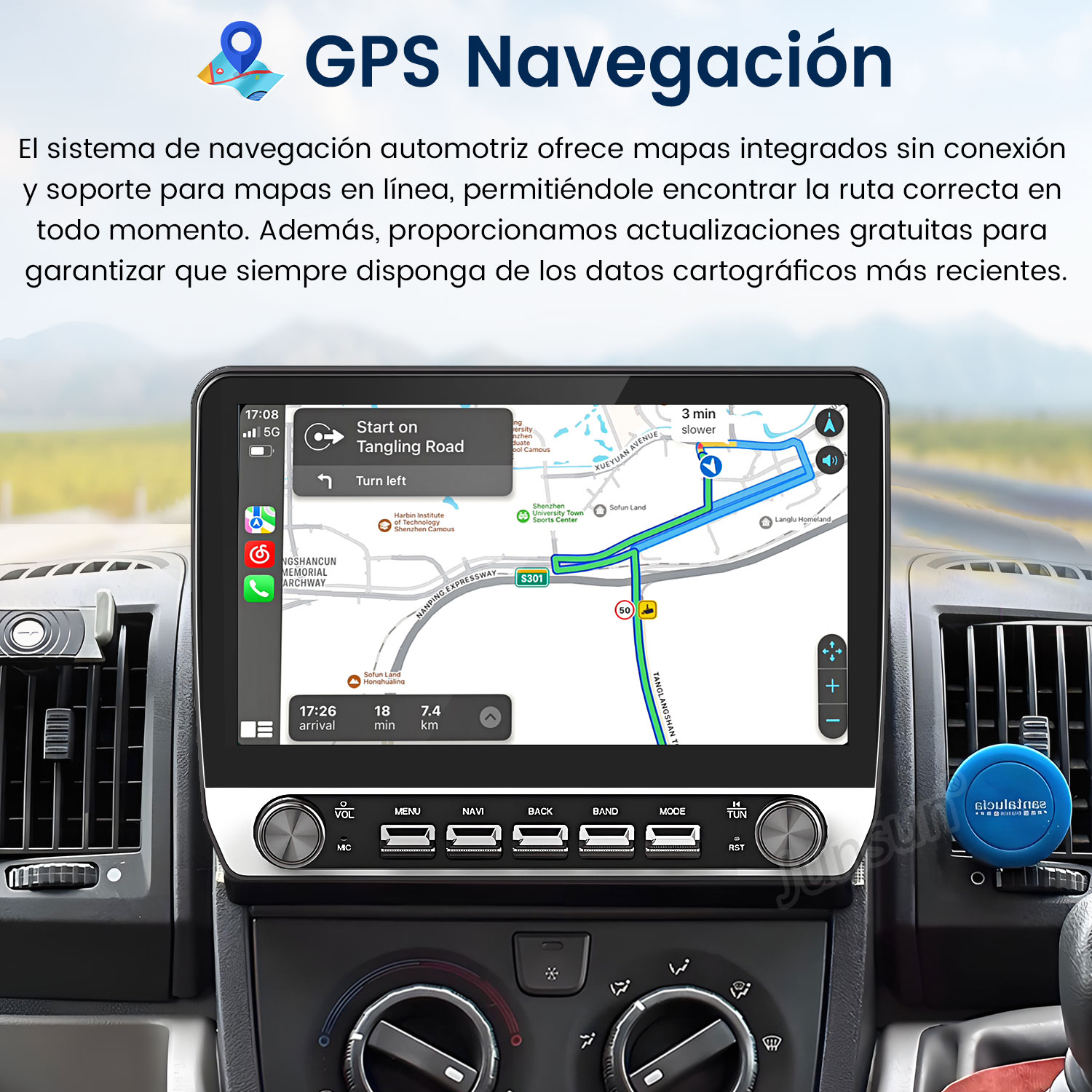 Sistema de navegación del coche que muestra un mapa con indicaciones de ruta. La pantalla muestra la hora actual y la hora estimada de llegada.