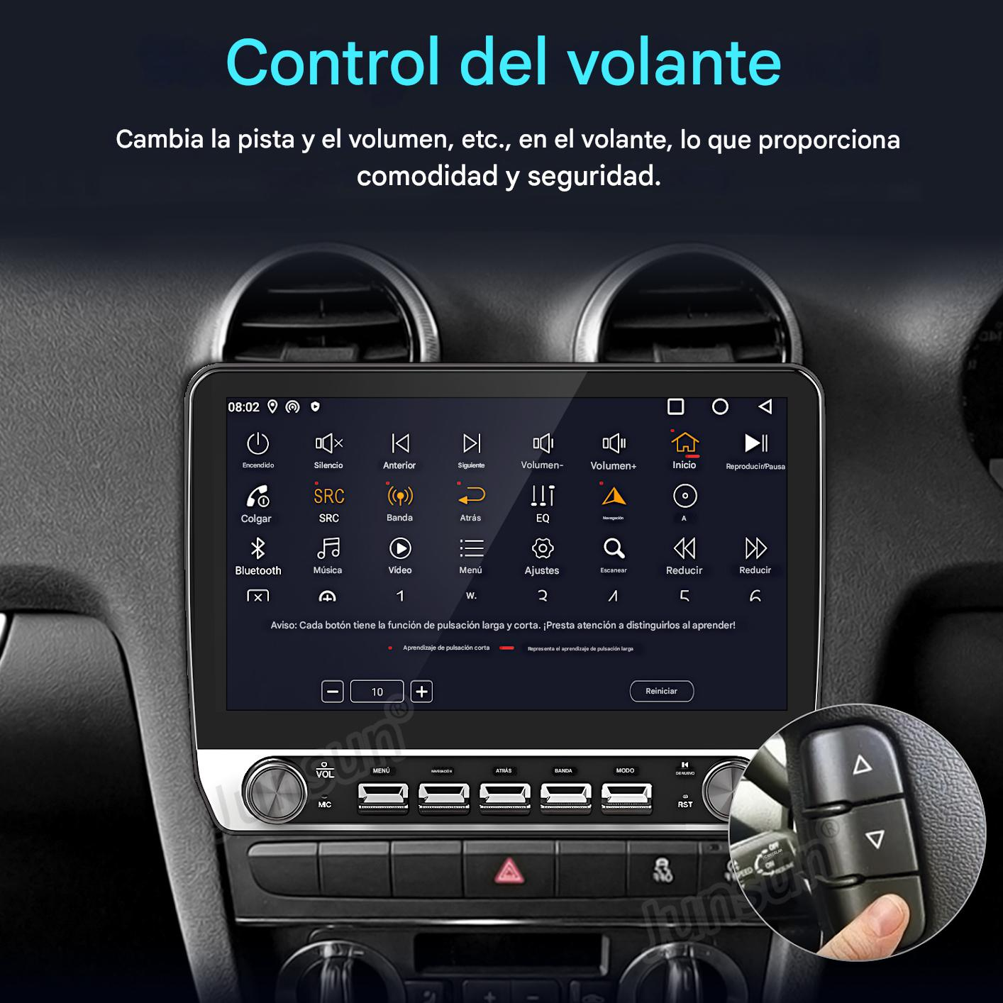 Panel del coche con pantalla táctil que muestra varios iconos de funciones. Mano sujetando un control del volante.