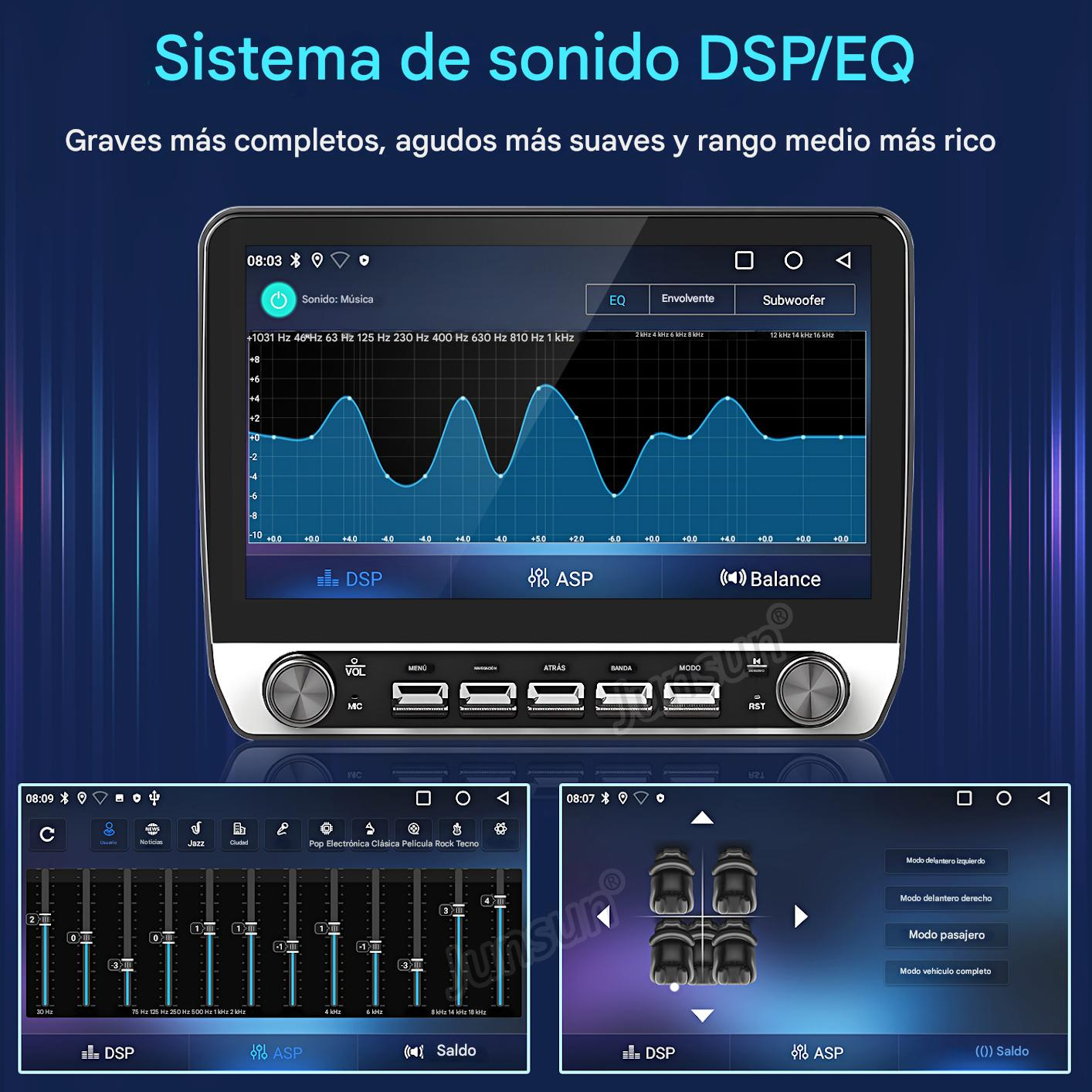 Interfaz del sistema de audio del coche que muestra la configuración del ecualizador, gráficos y controles de balance. Tres pantallas.