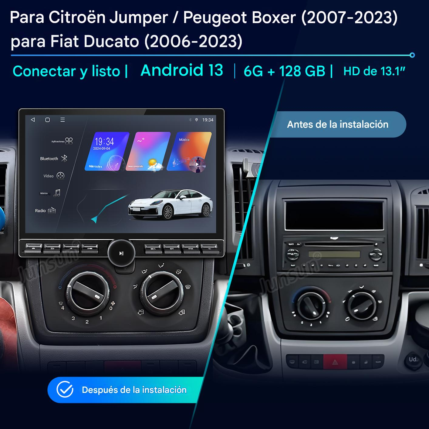 Imagen de salpicadero de coche con nuevo sistema Android. Muestra hora, apps y modelo de coche. Comparación antes y después de la instalación.