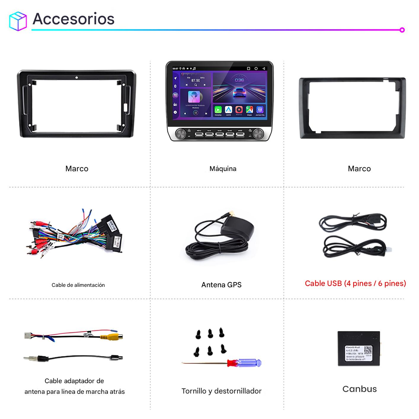La imagen muestra accesorios para automóviles, incluyendo un marco, radio de coche, cables, antena GPS, cable USB, adaptador, tornillos y un módulo Canbus.
