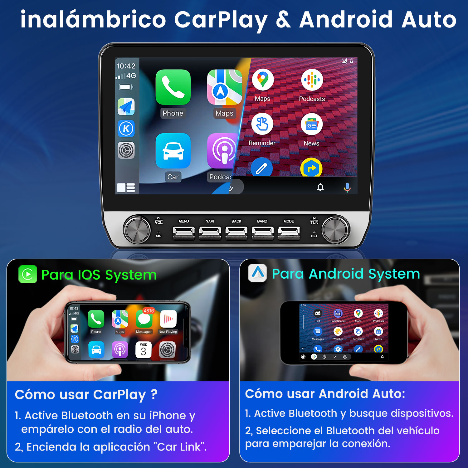 Una pantalla de radio de coche muestra aplicaciones. Debajo, un teléfono muestra CarPlay y otro Android Auto, con instrucciones.
