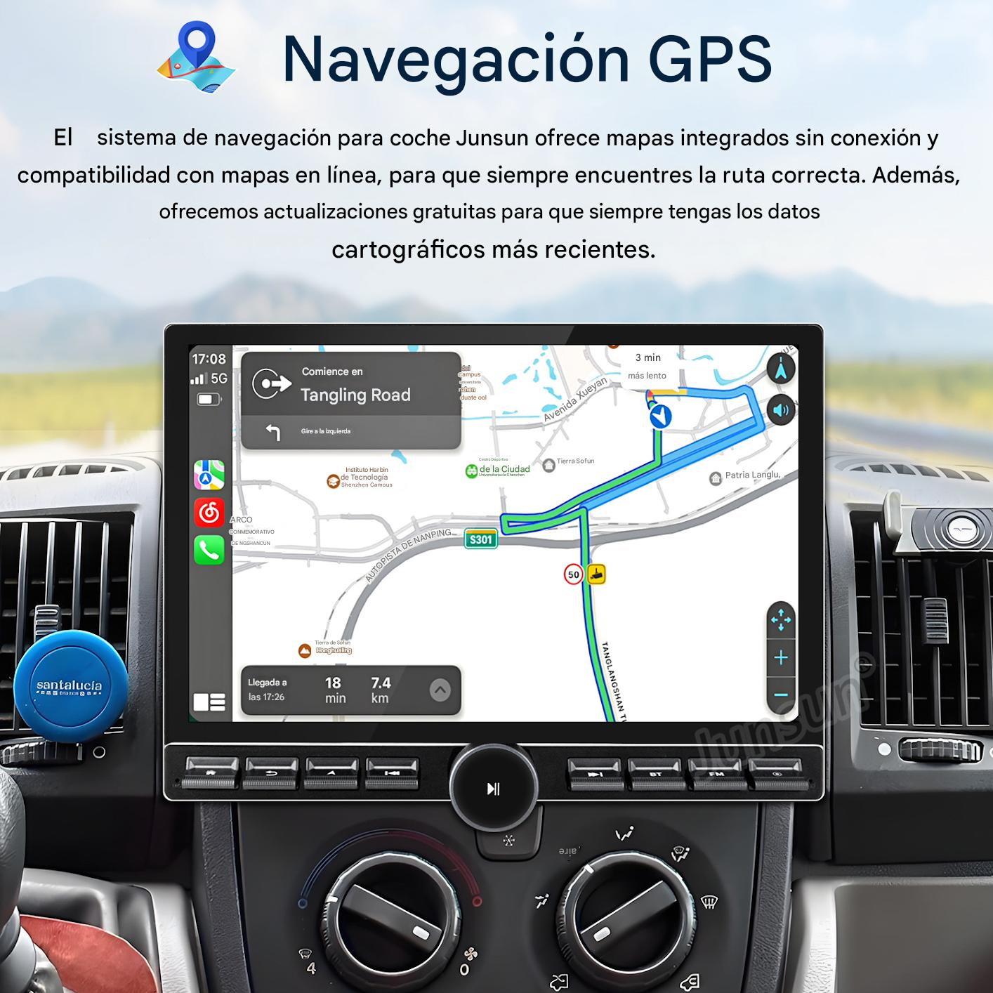 Pantalla de navegación GPS del coche que muestra un mapa con indicaciones. Muestra Tangling Road y otros detalles de ubicación.
